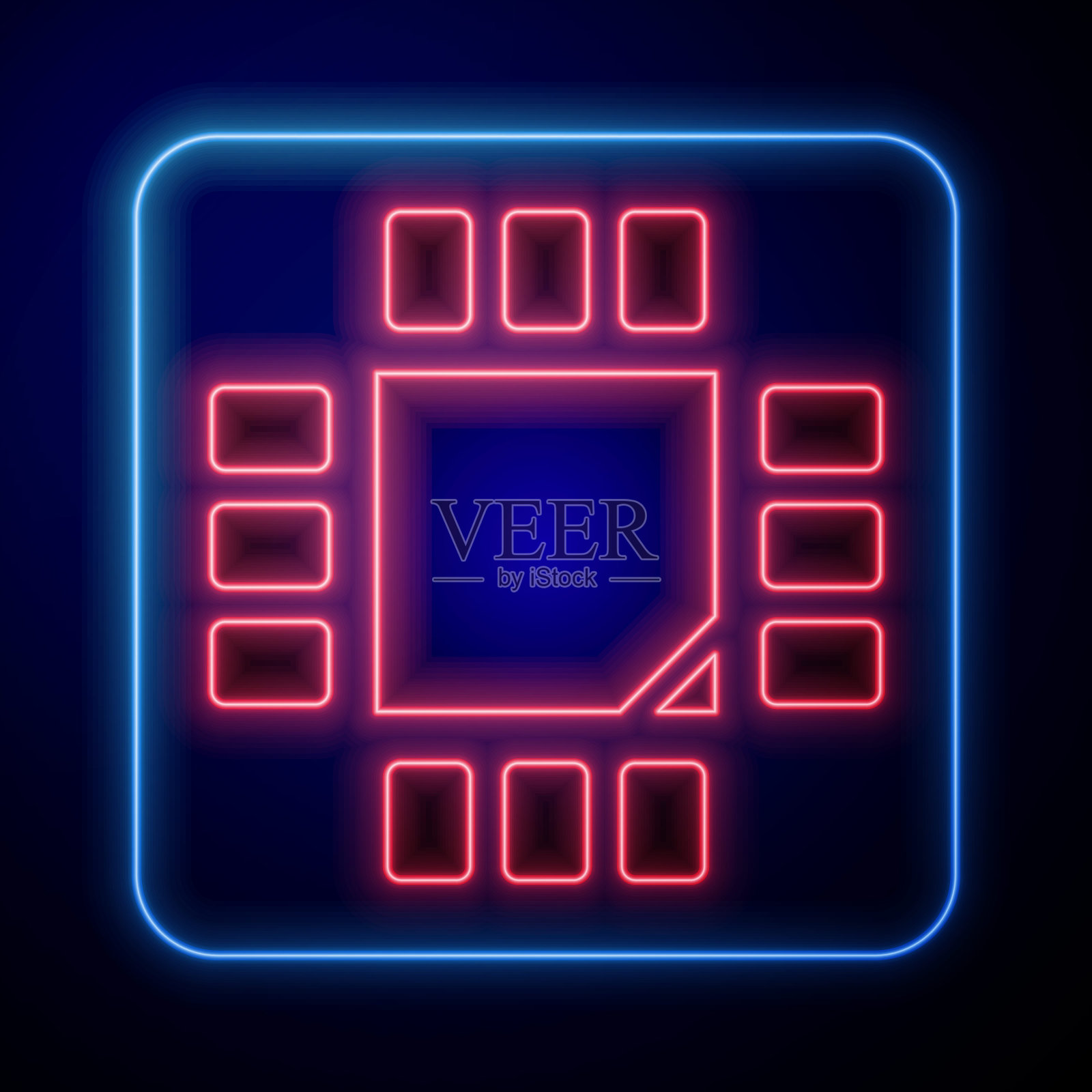 发光的霓虹灯计算机处理器微电路CPU图标隔离在蓝色背景。带有电路板的芯片或cpu。微处理器。矢量图图标素材