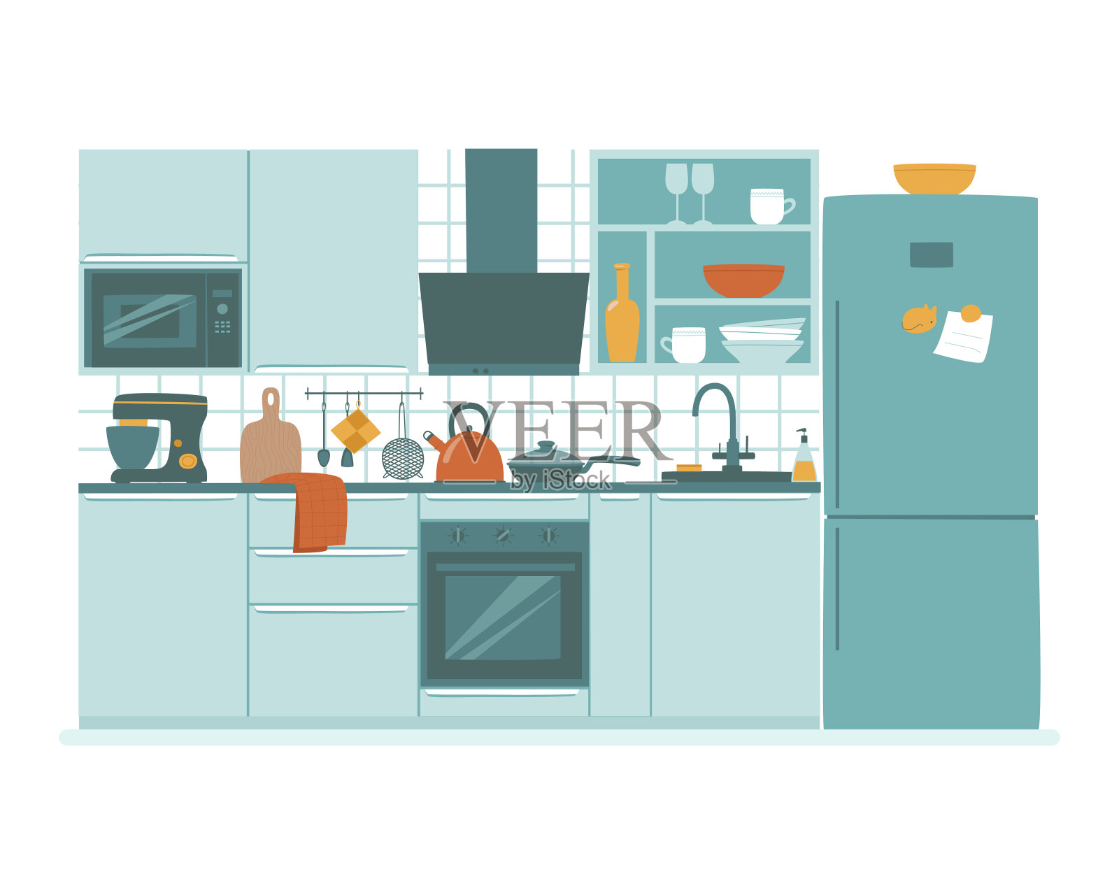 厨房配有陶器和家用电器插画图片素材