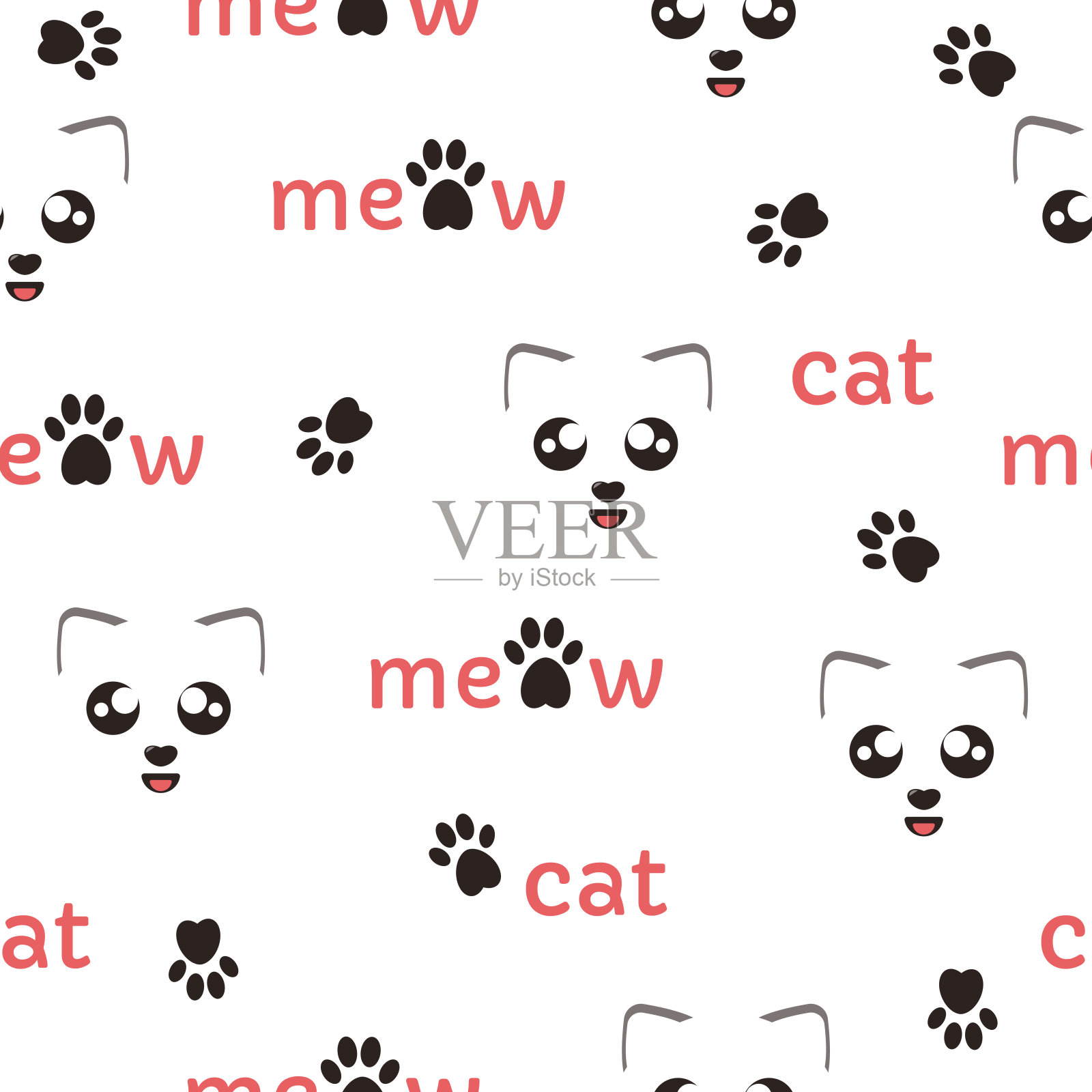 矢量无缝模式。有趣的小猫嘴套,上面写着喵喵和猫。С在爪子插画图片素材