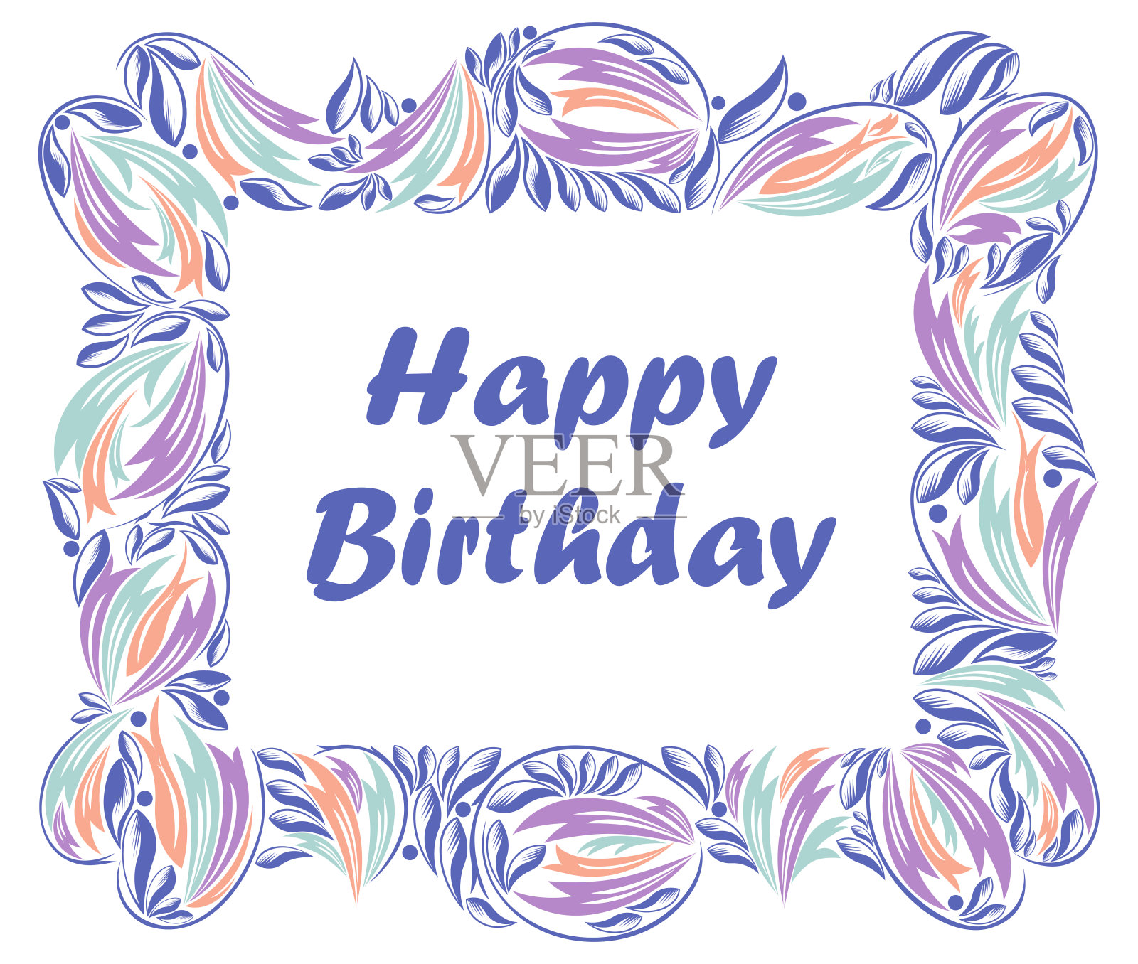 生日贺卡与美丽的花框架矢量复古优雅的经典风格设计。插画图片素材