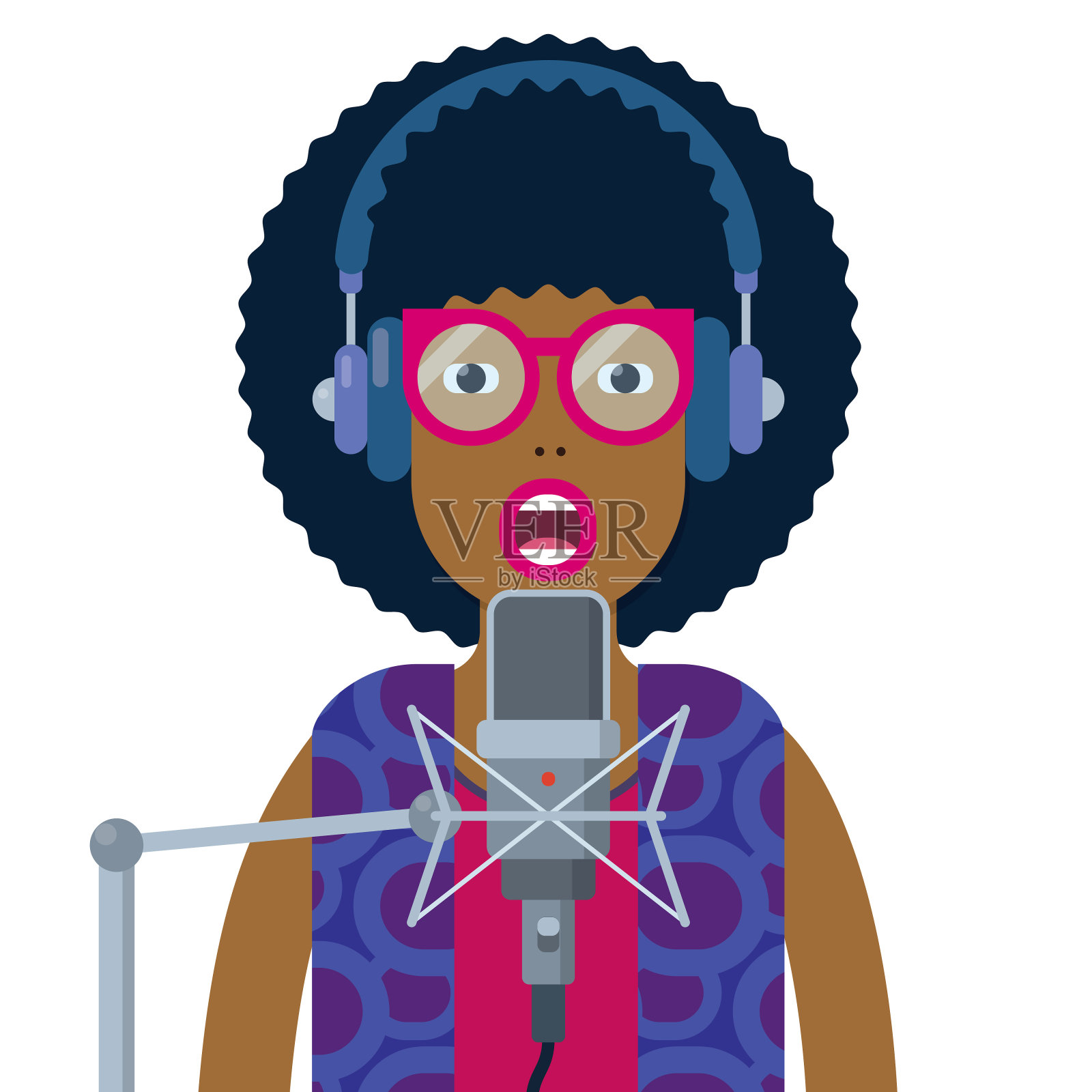 人物说话进入麦克风,与耳机,无线电广播,矢量插图插画图片素材