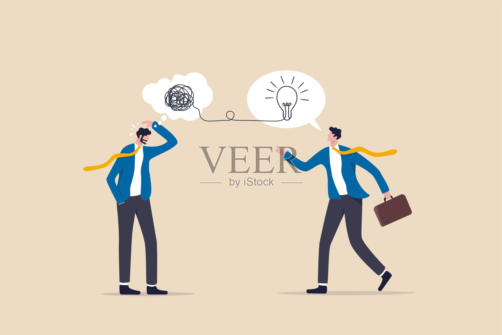 思考解决问题的技巧,解决难题的创造力,解决问题或辅导帮助麻烦,困惑的商人用凌乱的思维与其他给予灯泡解决方案。插画图片素材