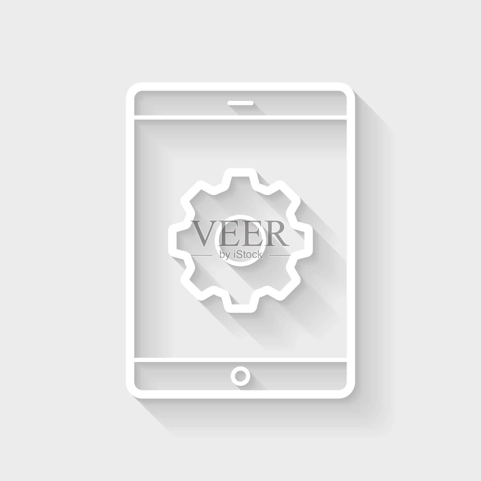 平板电脑设置-齿轮。图标与空白背景上的长阴影-平面设计插画图片素材