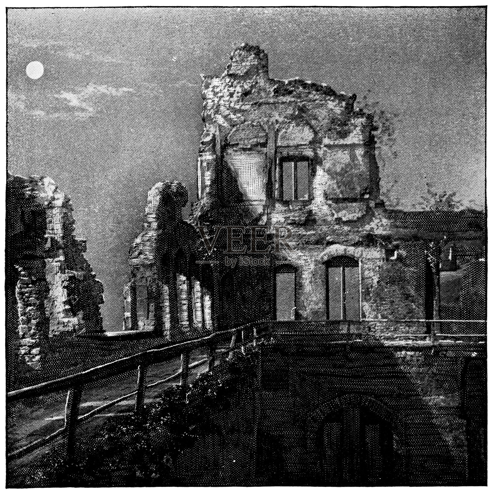 19世纪,德国巴登巴登,霍恩巴登城堡遗址大厅的上层插画图片素材