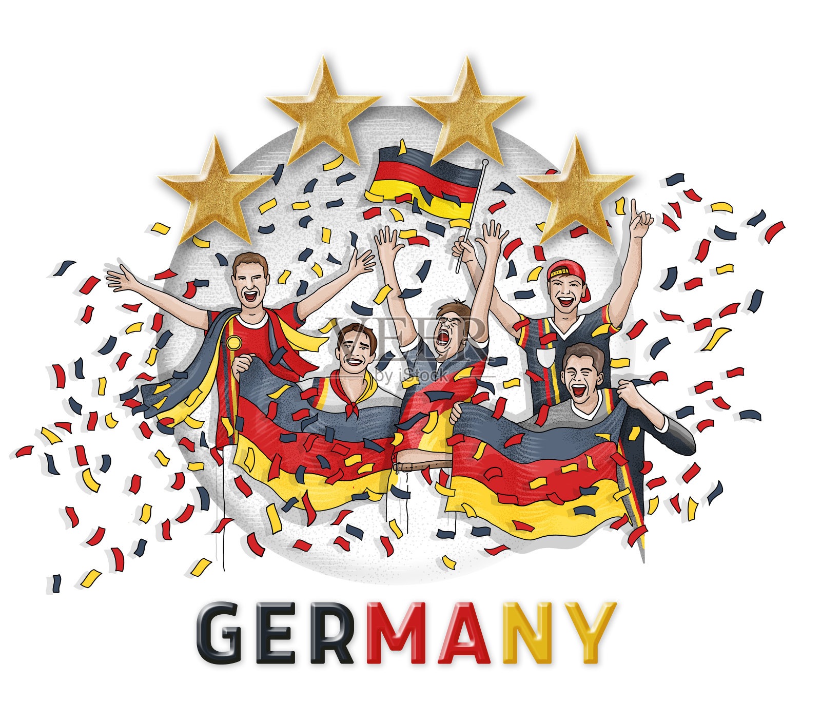 五名德国球迷举着德国国旗和四颗金星庆祝插画图片素材