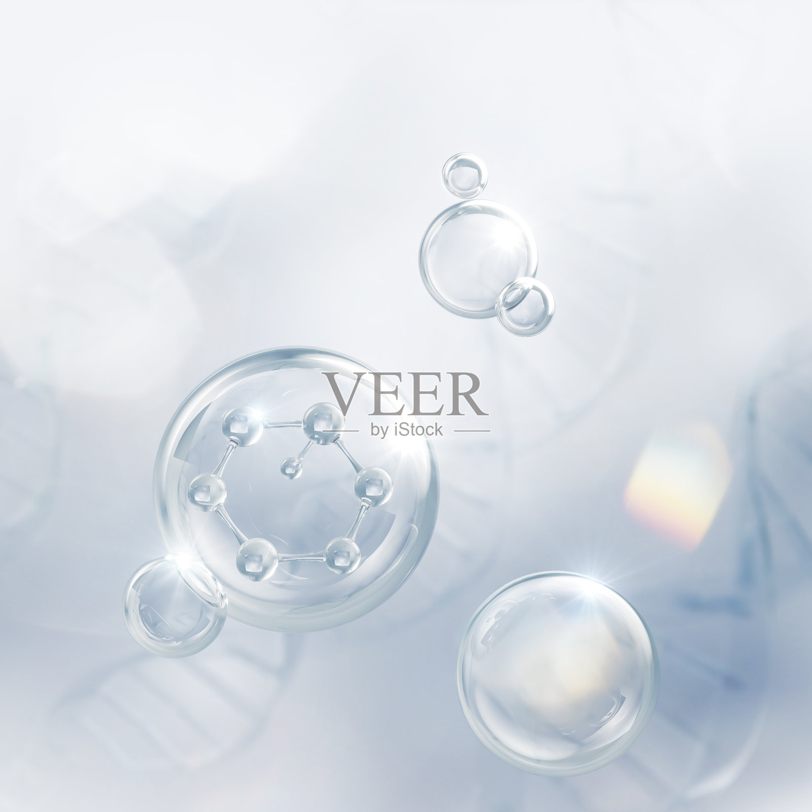 以Dna为背景的化妆精油泡沫分子,3d渲染。照片摄影图片