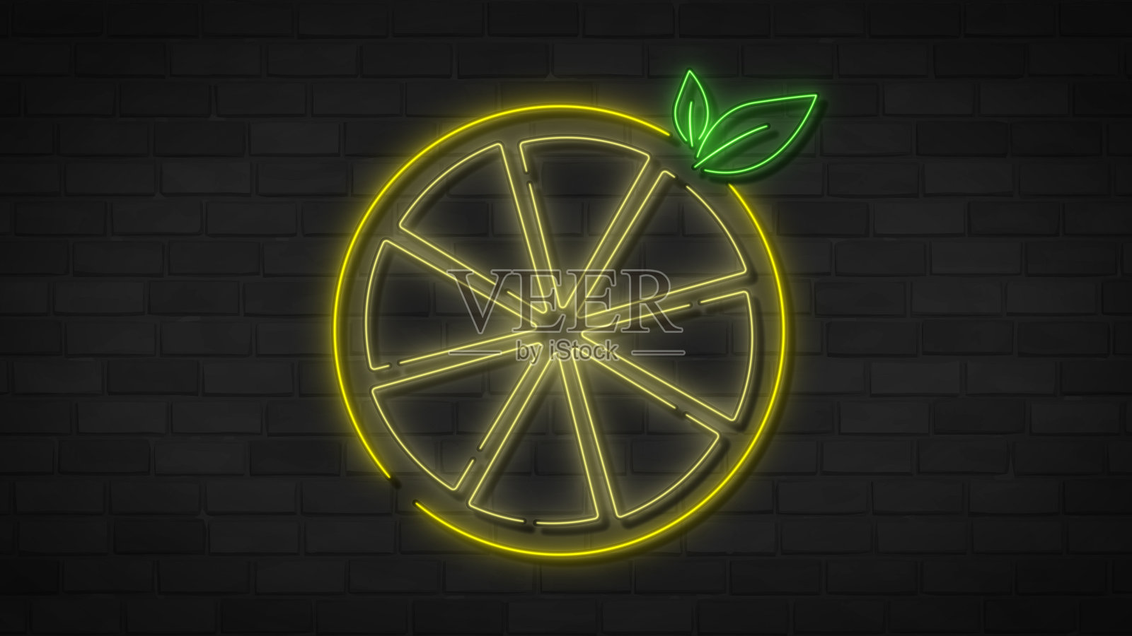 照亮了砖墙背景上的柠檬。明亮的彩色符号或招牌发光的彩色霓虹灯的咖啡馆,餐厅,汽车旅馆或鸡尾酒吧。照片摄影图片