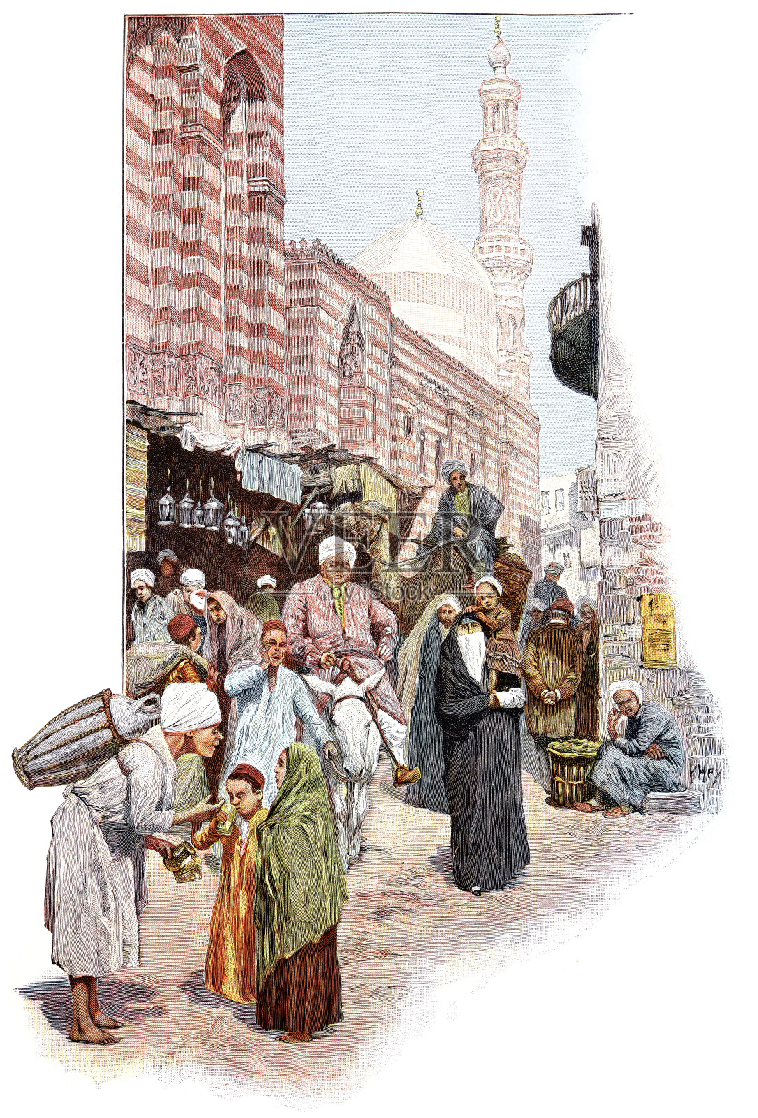 开罗街景,背景是一座清真寺插画图片素材