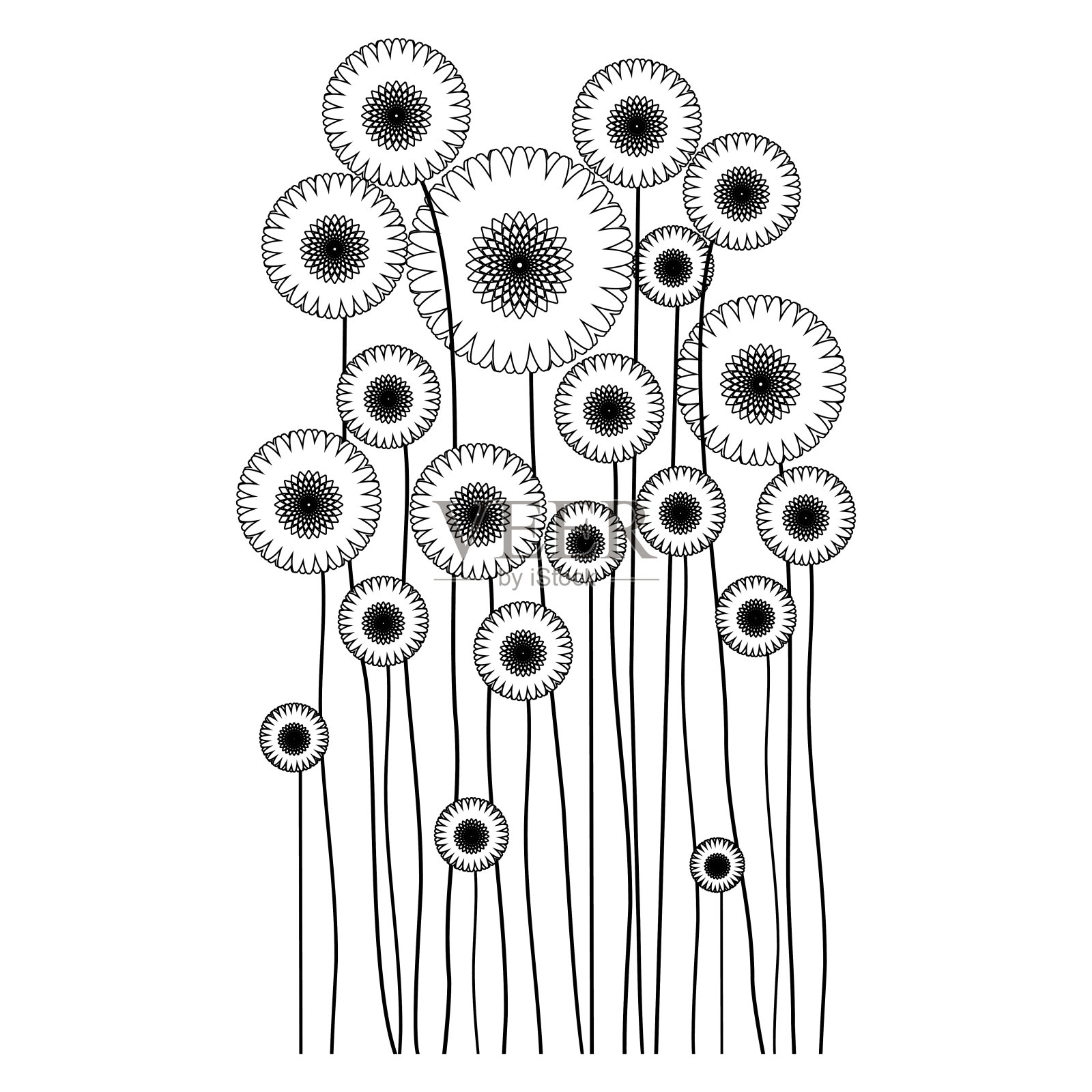 春花剪影。花的剪影孤立在白色的背景。矢量线手绘插图与花。矢量插图。设计元素。插画图片素材