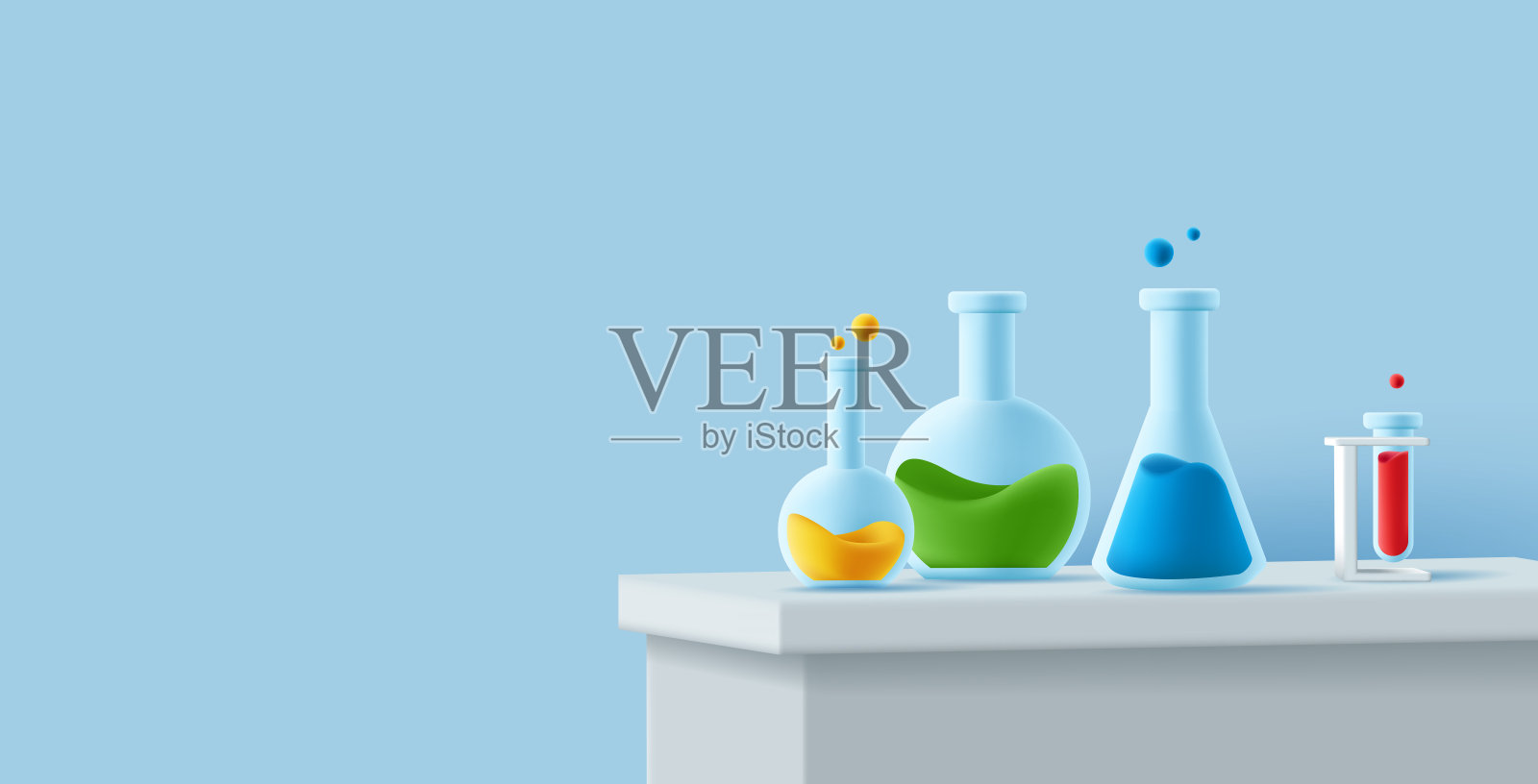 实验室桌子,不同形状的玻璃支架和彩色液体,3d渲染图标插画图片素材