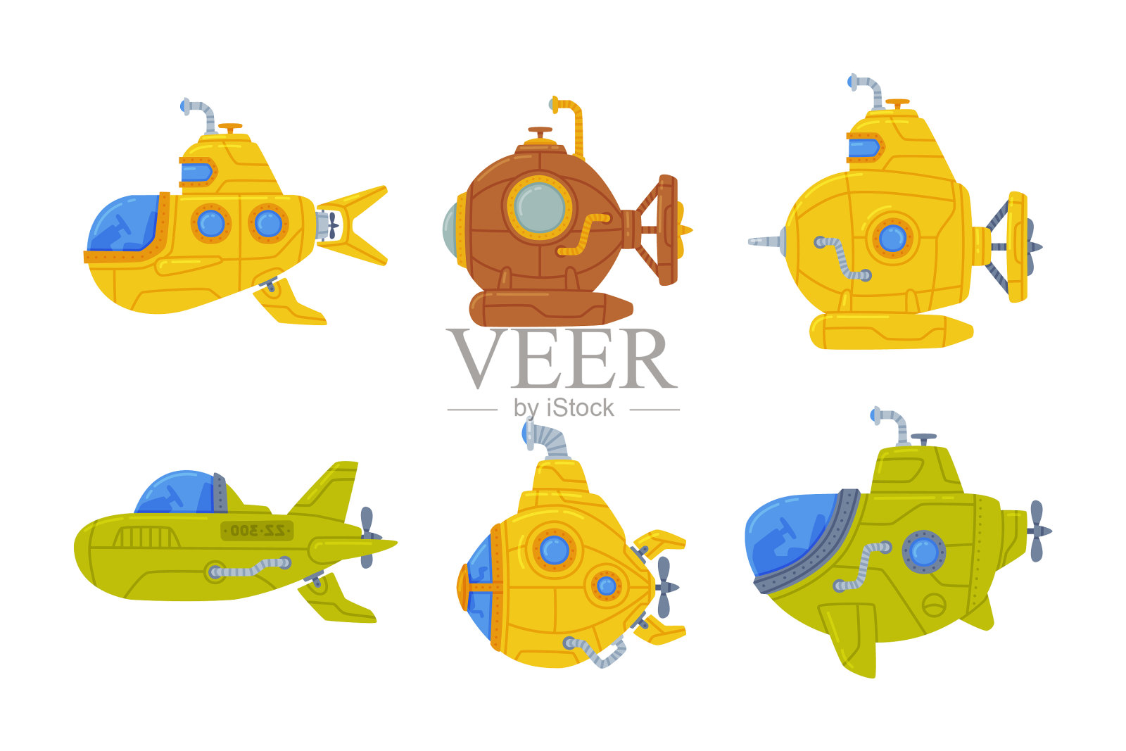 五颜六色的潜艇在水下游泳插画图片素材