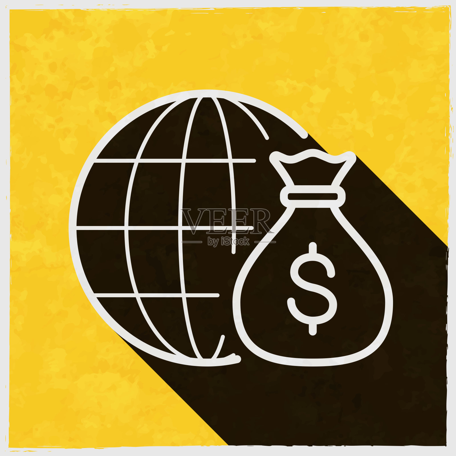 美元在世界各地。图标与长阴影的纹理黄色背景插画图片素材