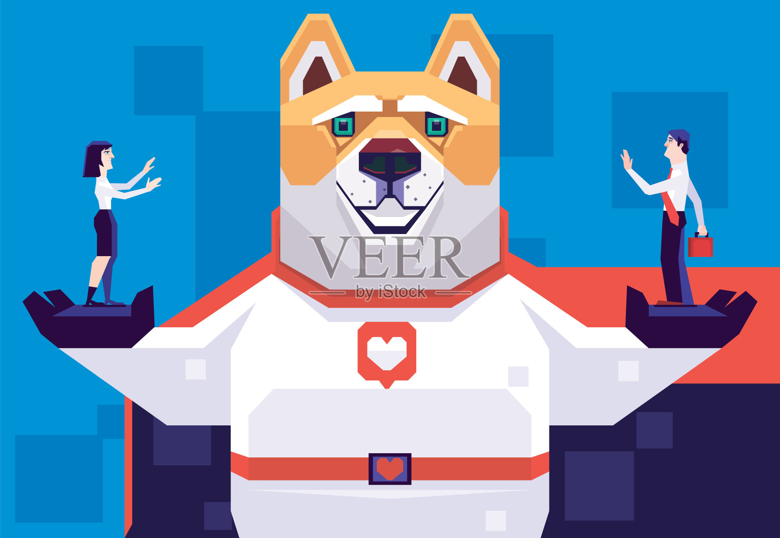 超级英雄狗抱着小商人和女人插画图片素材