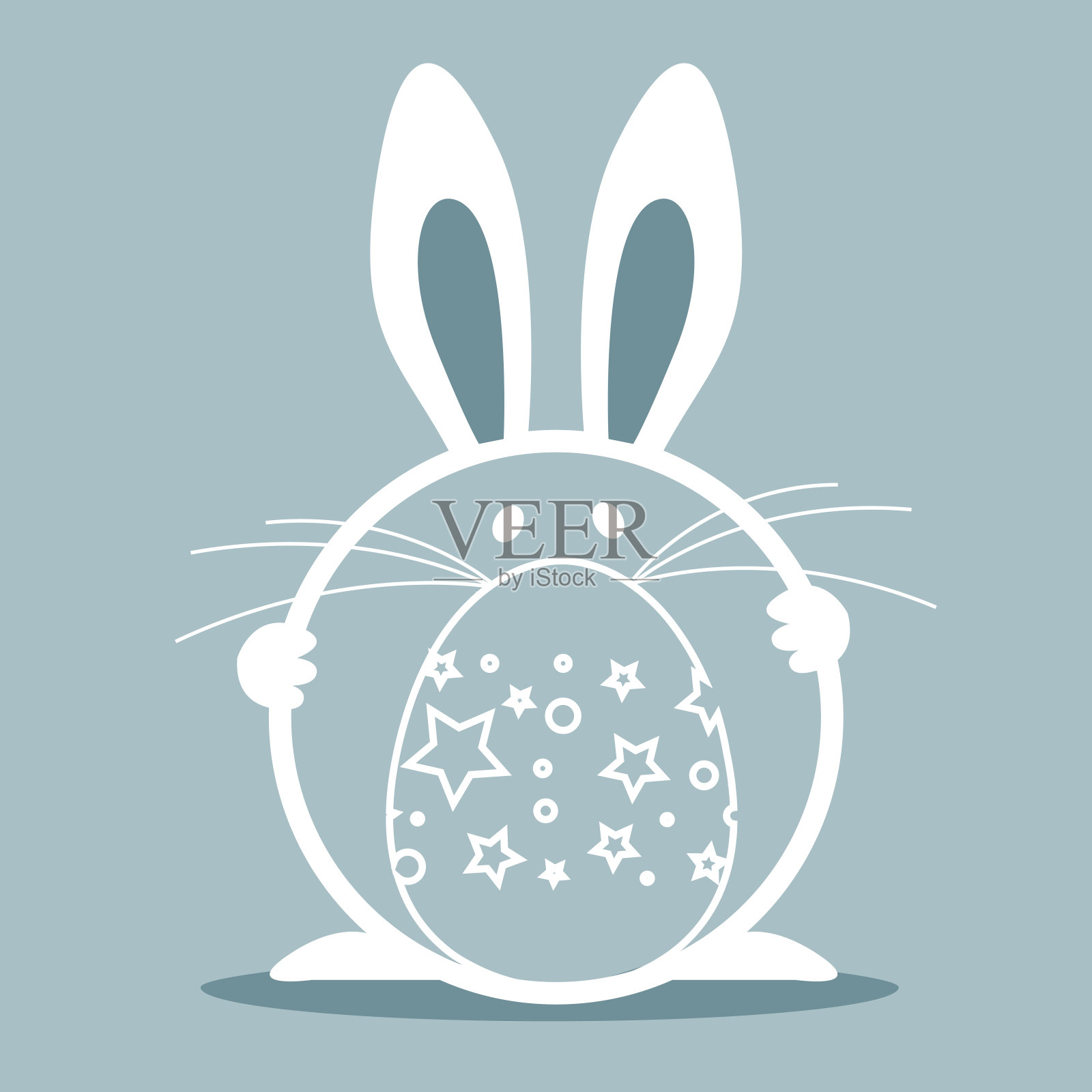 复活节兔子与彩绘蛋在彩色背景。创意平面插图。插画图片素材