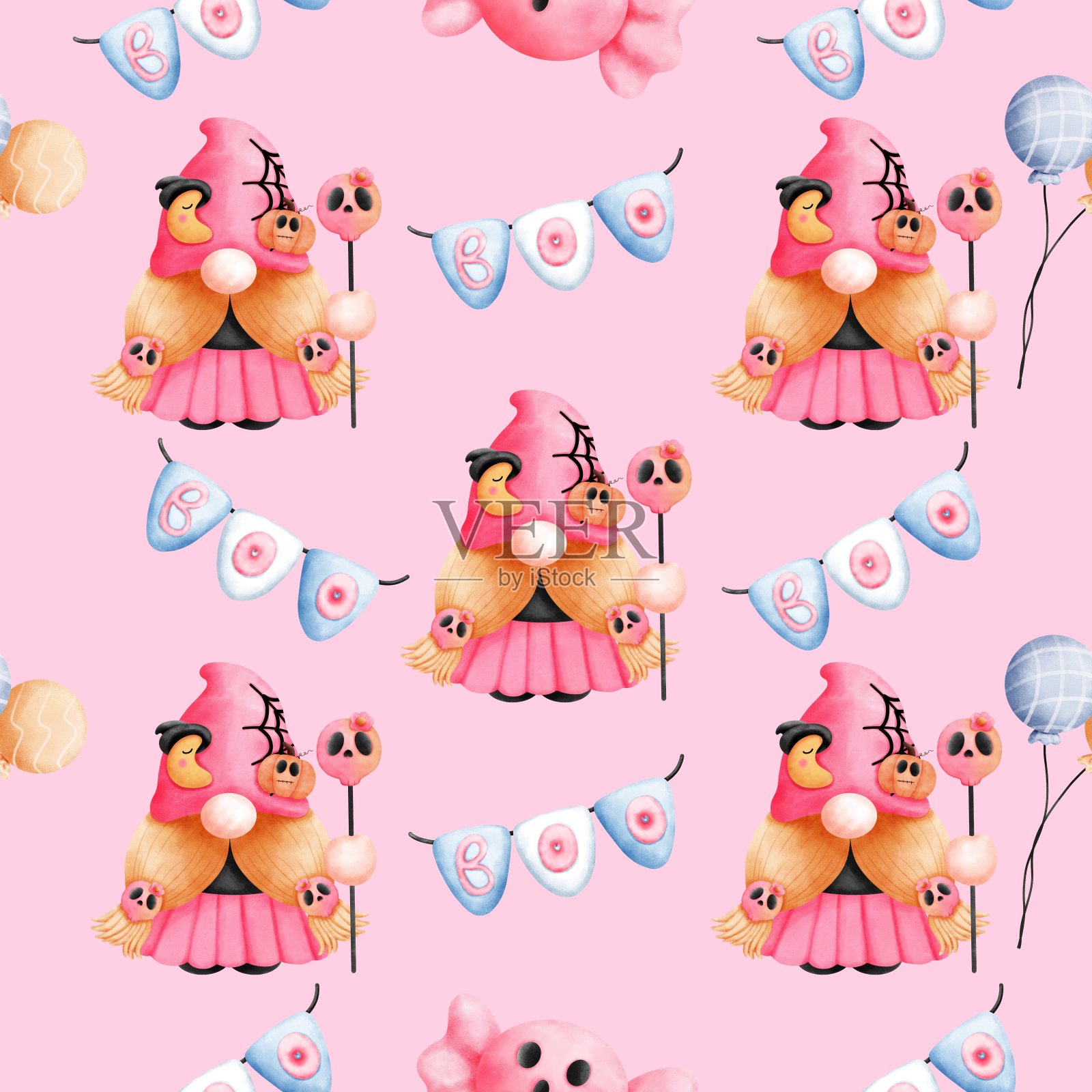 可爱的粉红色万圣节侏儒在水彩无缝图案与幽灵糖果,骷髅手杖和boo信狩猎。插画图片素材