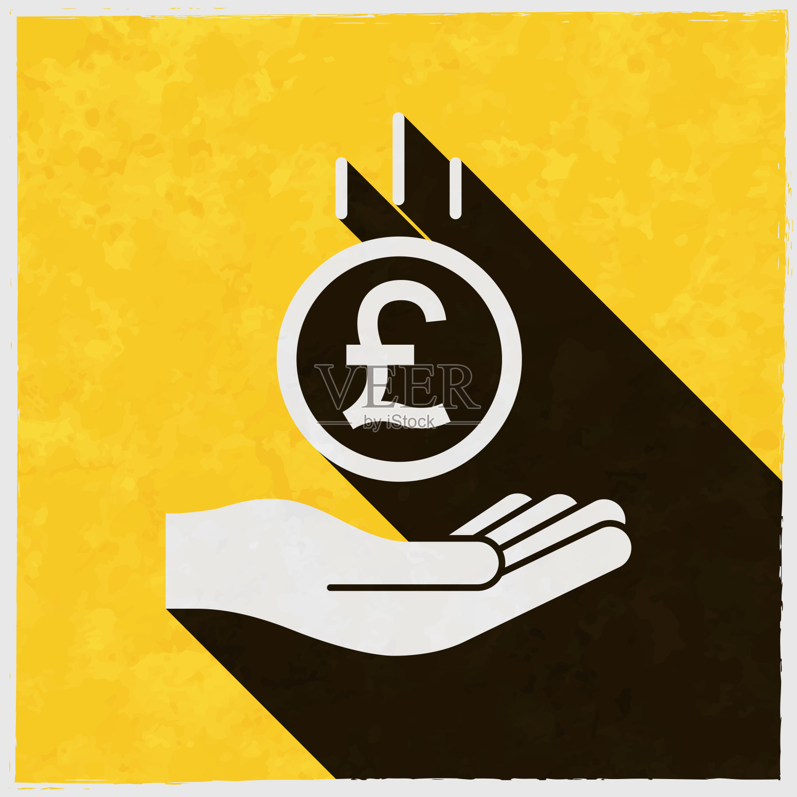 一英镑硬币落在手里。图标与长阴影的纹理黄色背景插画图片素材