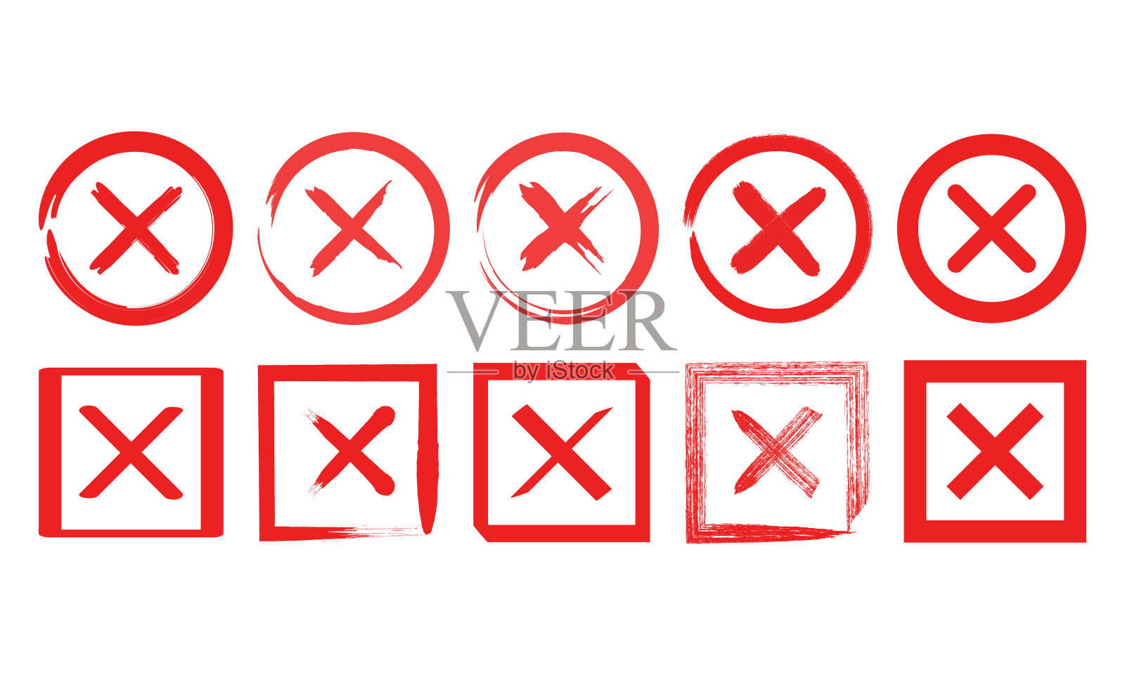 一组不同形状的红色十字。关闭接口按钮。停止,退出,错误。一组红色的十字图标。图标素材