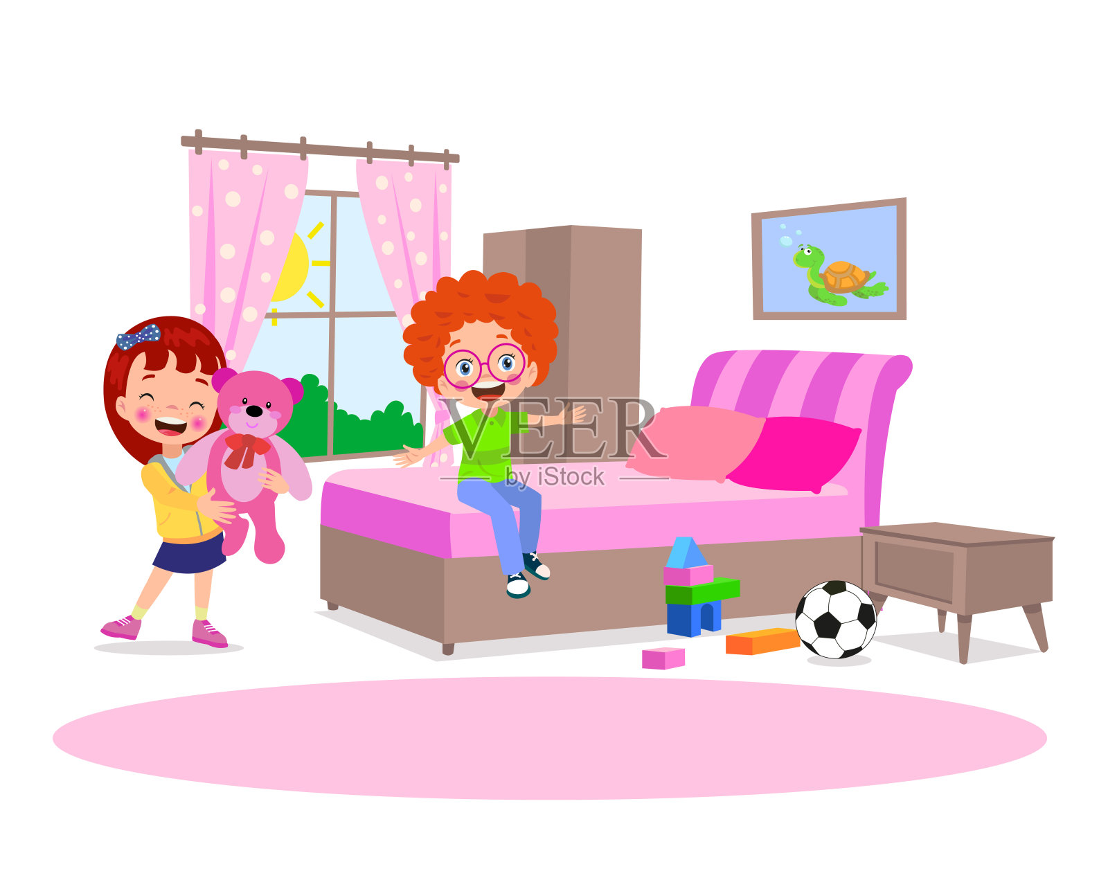 男孩卧室的内部,有一张银行床和一张桌子,平面矢量设计插画图片素材