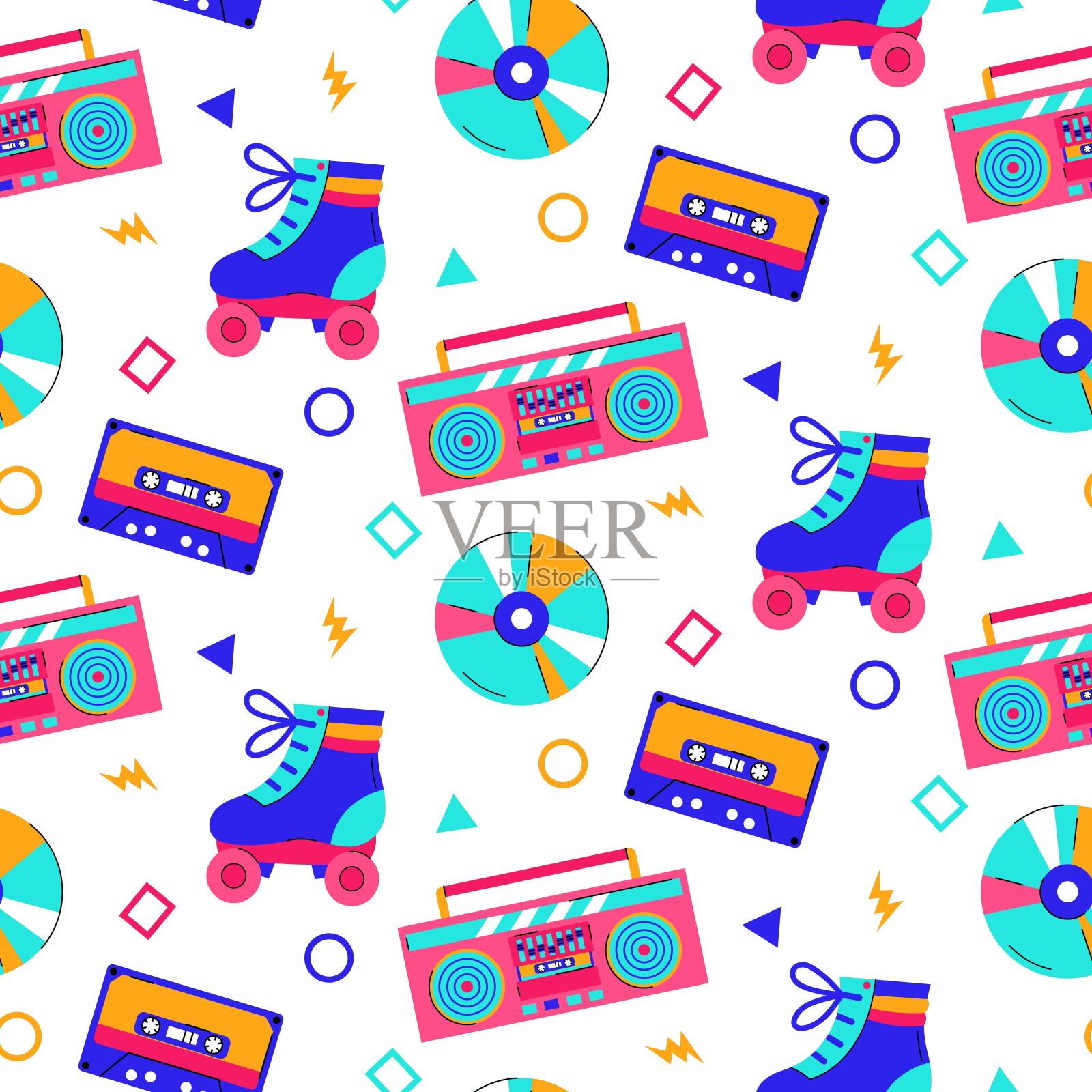 彩色时尚无缝图案与80 -90年代的元素在白色背景。插画图片素材