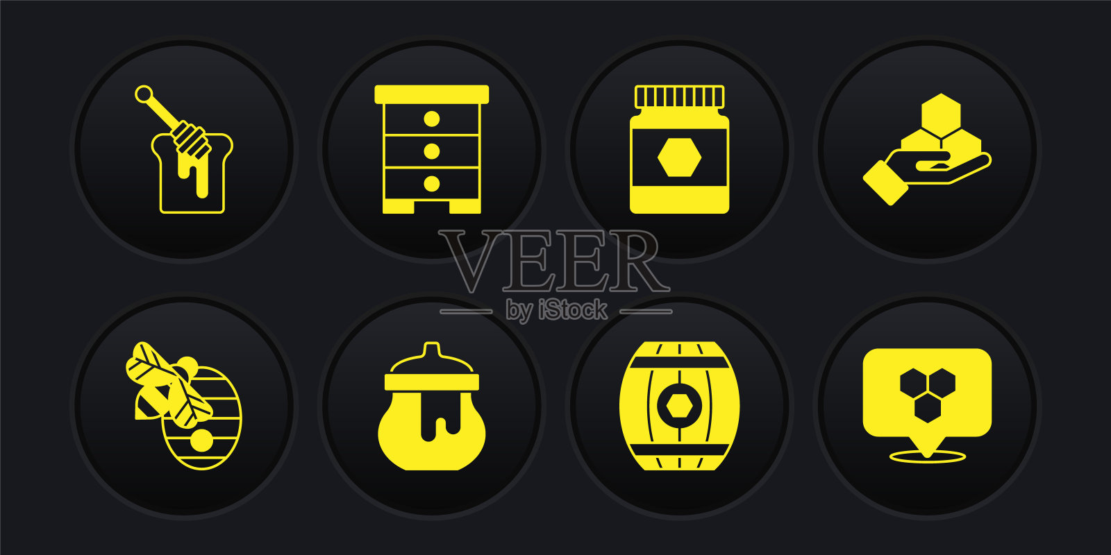 设置蜂箱蜜蜂,蜂窝和手,蜂蜜罐,木桶,位置和勺棒图标。向量图标素材