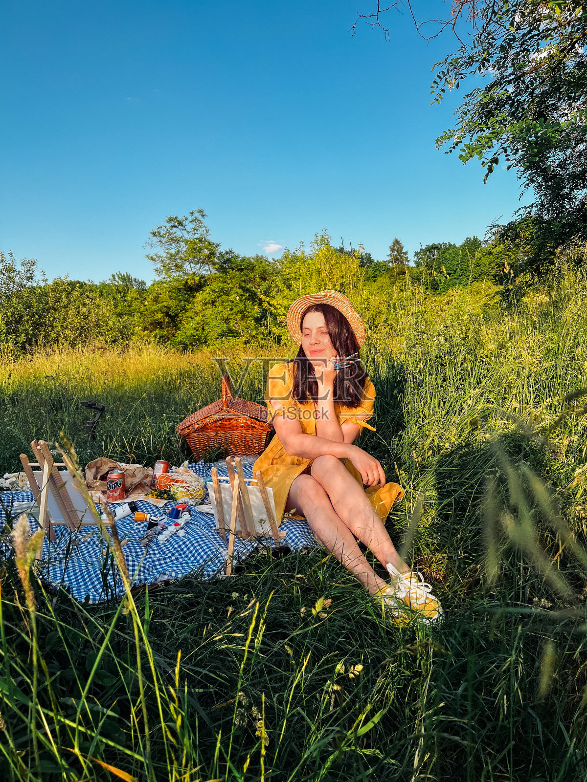 画家的天堂:一位身穿黄色连衣裙、头戴黄色帽子的妇女在野餐时创作艺术。照片摄影图片