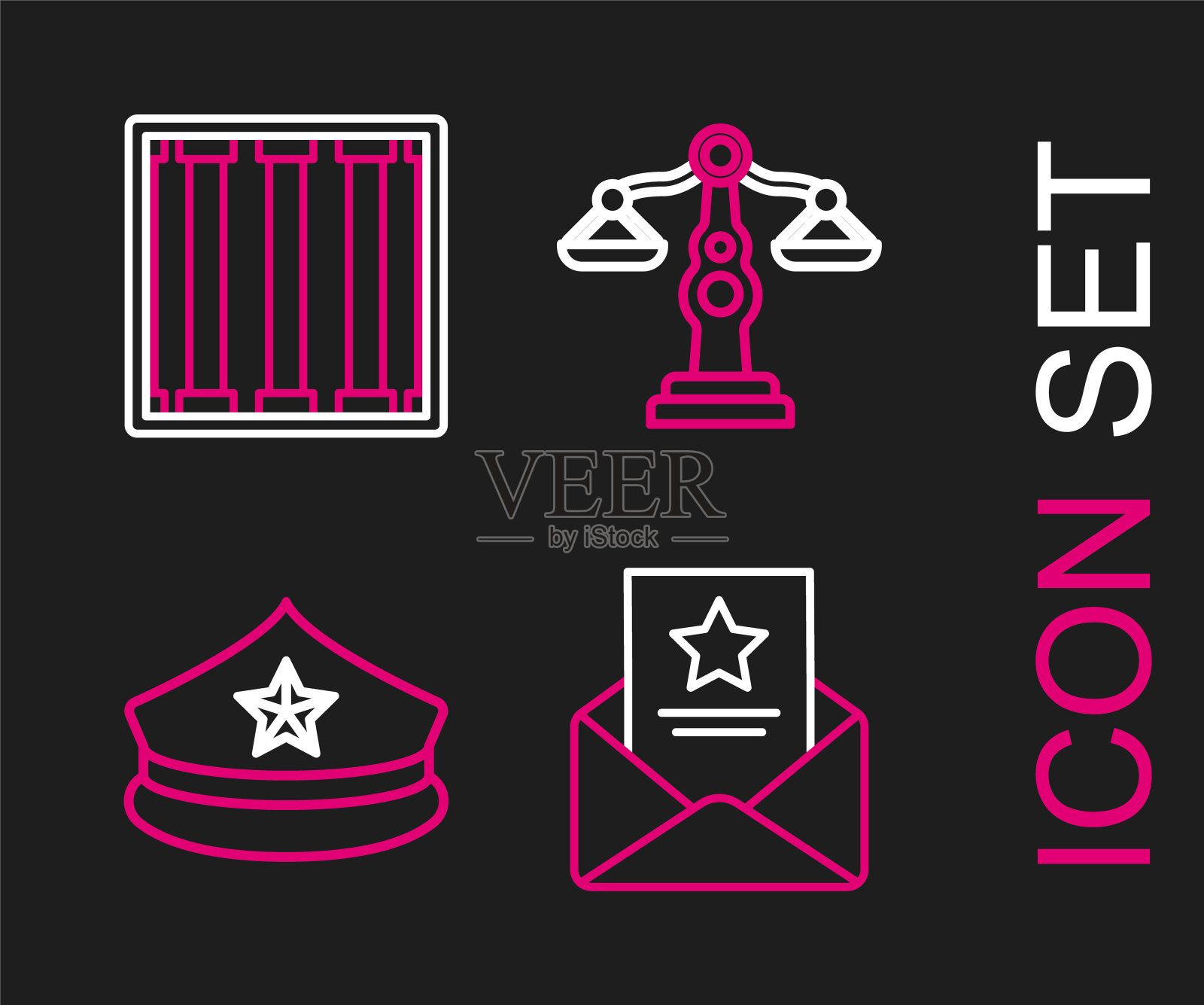 设置线:逮捕证,带帽徽的警帽,正义的天平和监狱窗口图标。向量图标素材