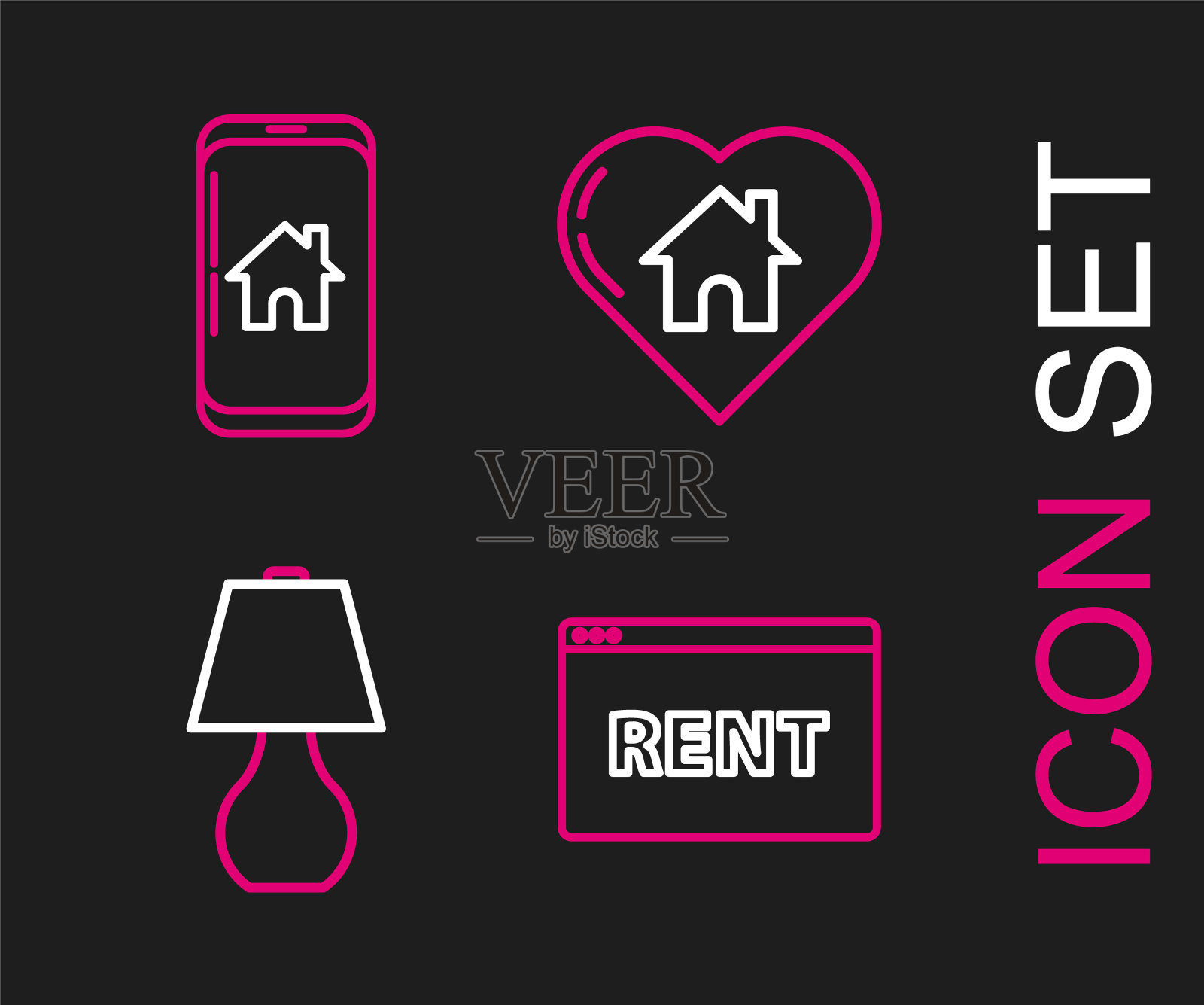 在线租房,台灯,房子心形和手机智能家居图标。向量图标素材