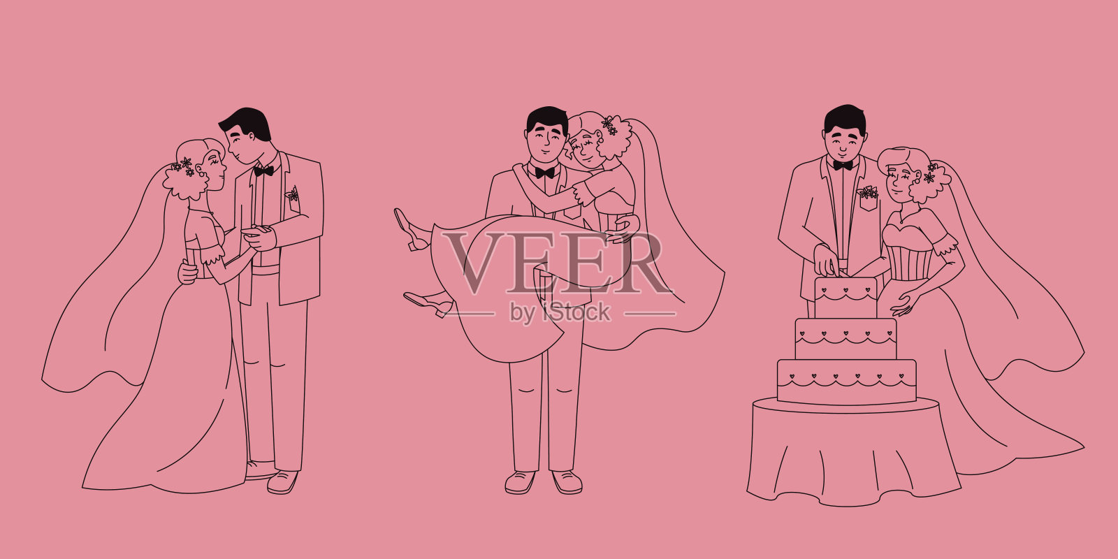 新娘和新郎摆出不同的姿势。插画图片素材