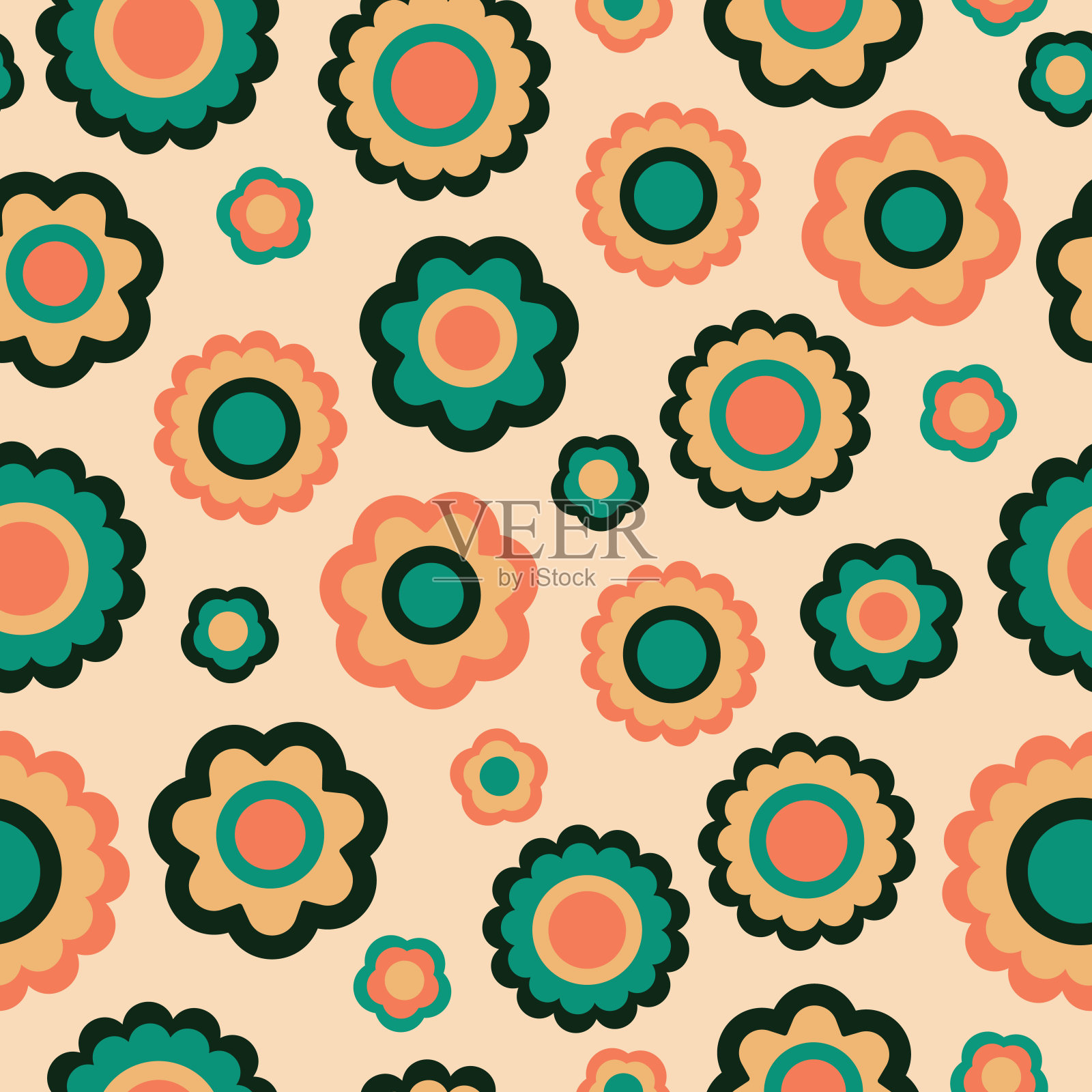 复古的橙色,黄色和绿色花卉无缝矢量图案。插画图片素材