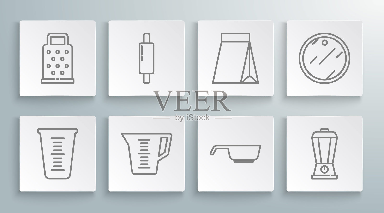 设置线量杯,擀面杖,煎锅,搅拌机,咖啡豆袋,砧板和磨碎器图标。向量图标素材