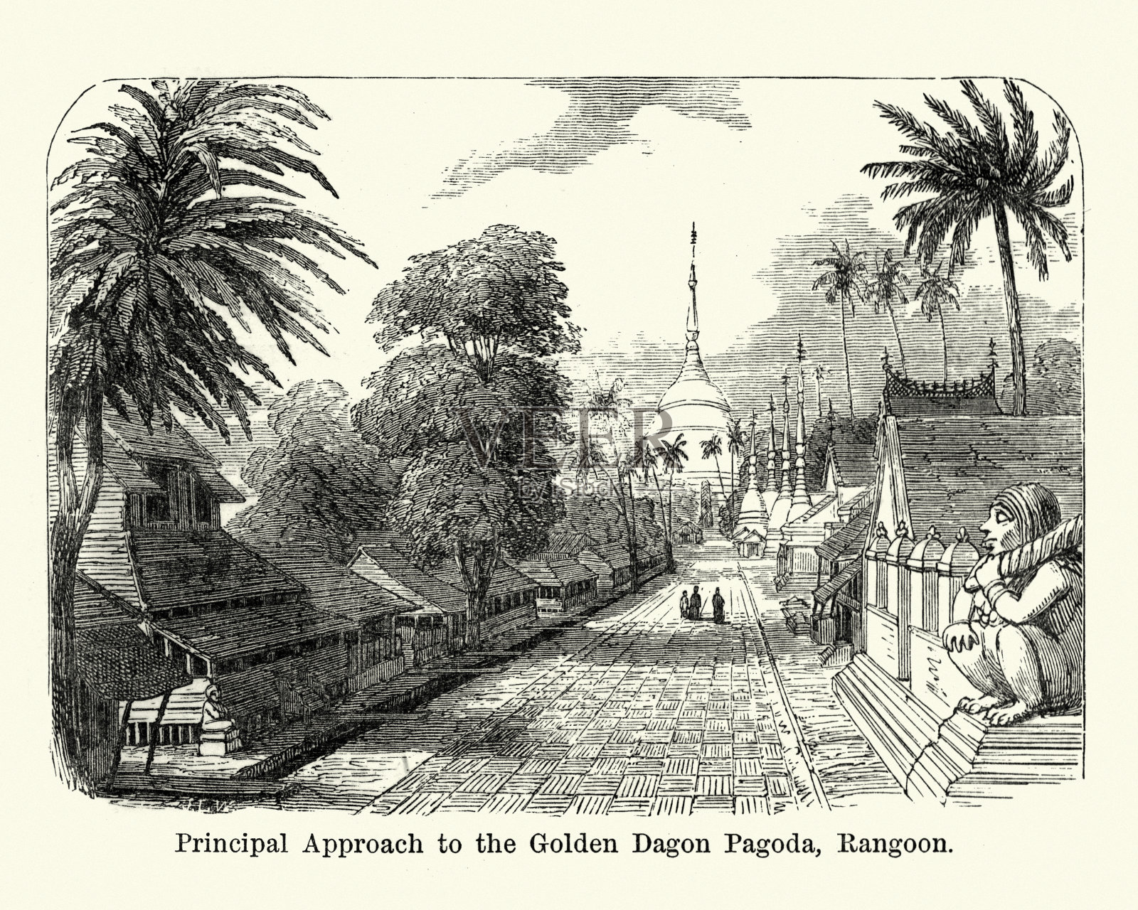 大金塔,缅甸仰光,19世纪插画图片素材