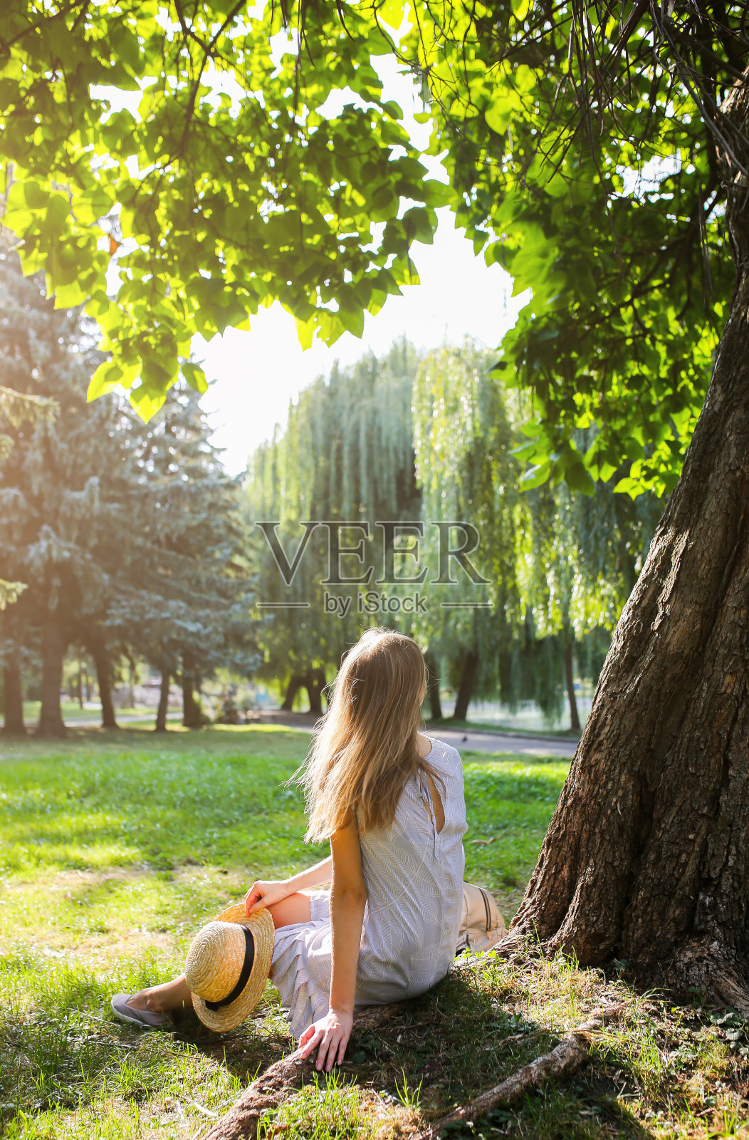 戴着草帽的时髦女孩正在户外享受阳光。快乐的女人坐在树旁边,穿着蓝裙子。旅游度假概念。夏天的生活方式。树上的阴影。美丽的头发。照片摄影图片