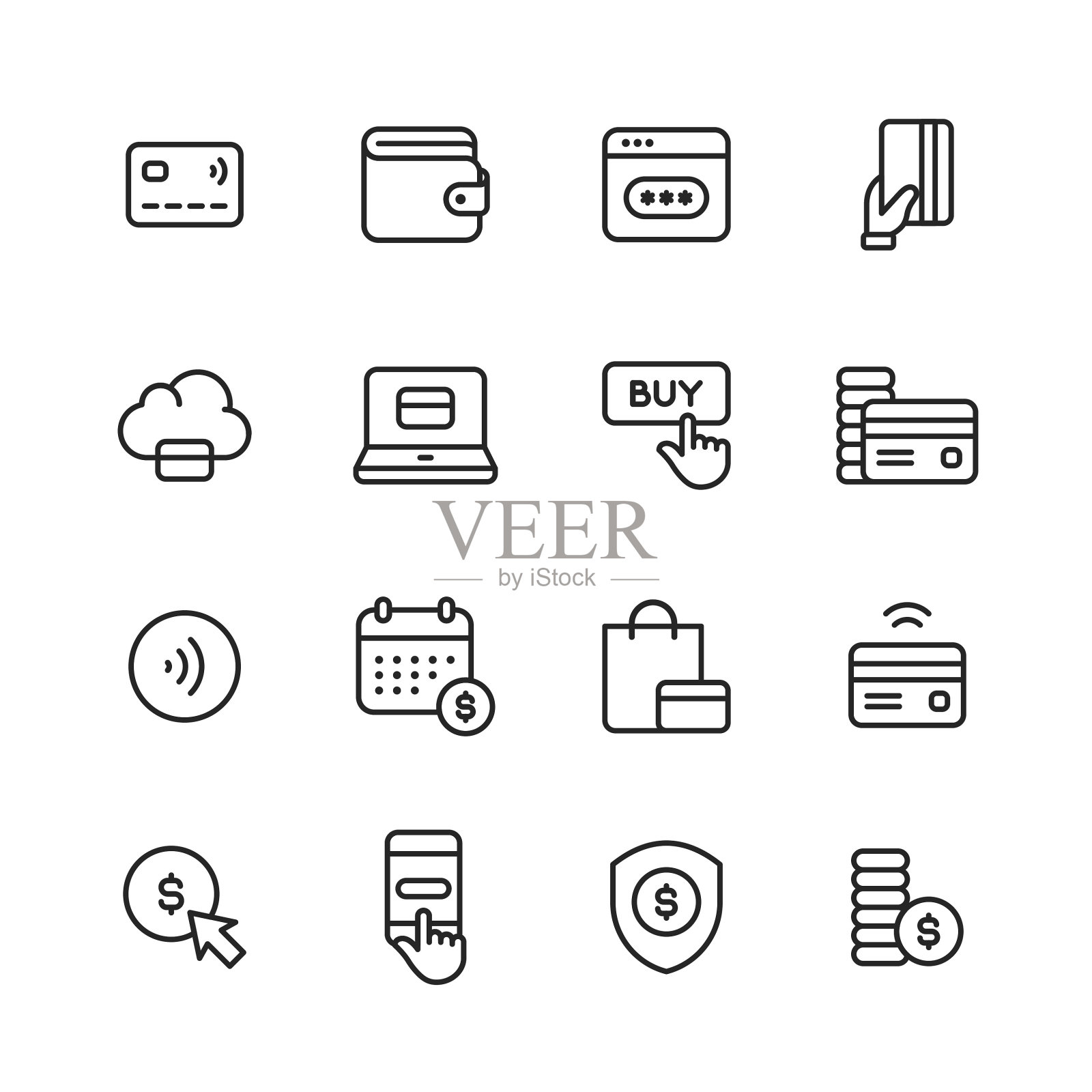 付款行图标。可编辑的中风。像素完美。移动和网络。包含像比特币,货币,信用卡,无线,金钱,金融,支票,ATM,现金,钱包,人手,支付,购物,销售,退款,安全,电子商务等图标。图标素材