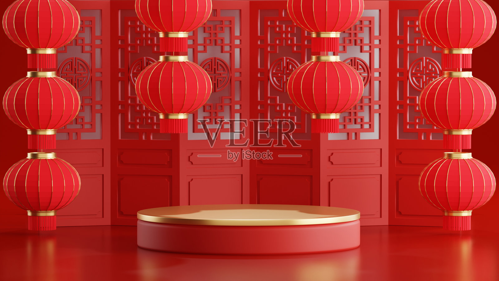 3D渲染:中国新年舞台、中秋节、红色金色花卉亚洲元素纸艺照片摄影图片