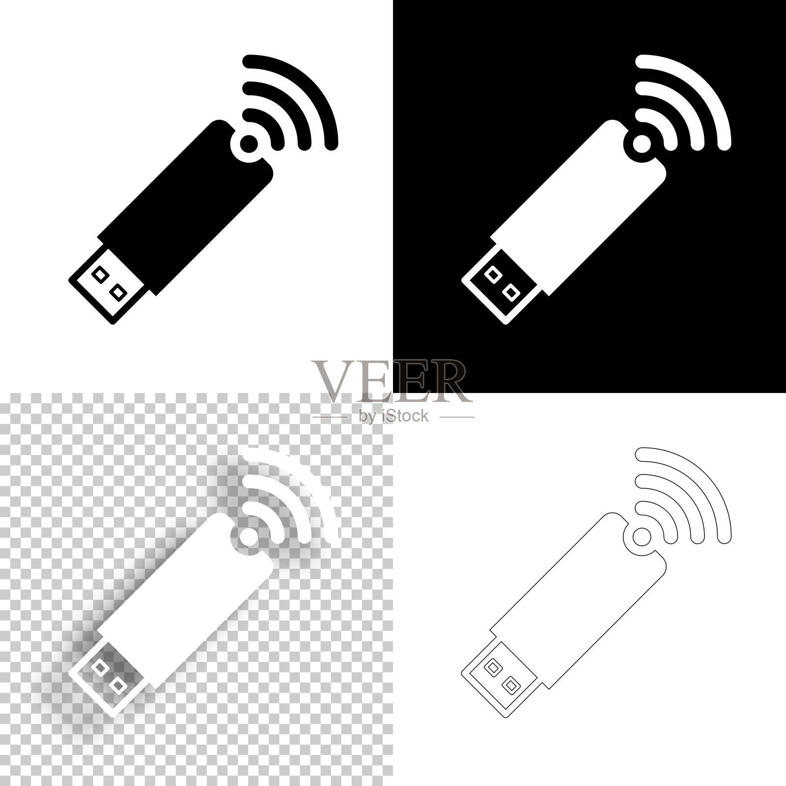 USB无线网卡。图标设计。空白,白色和黑色背景-线图标插画图片素材
