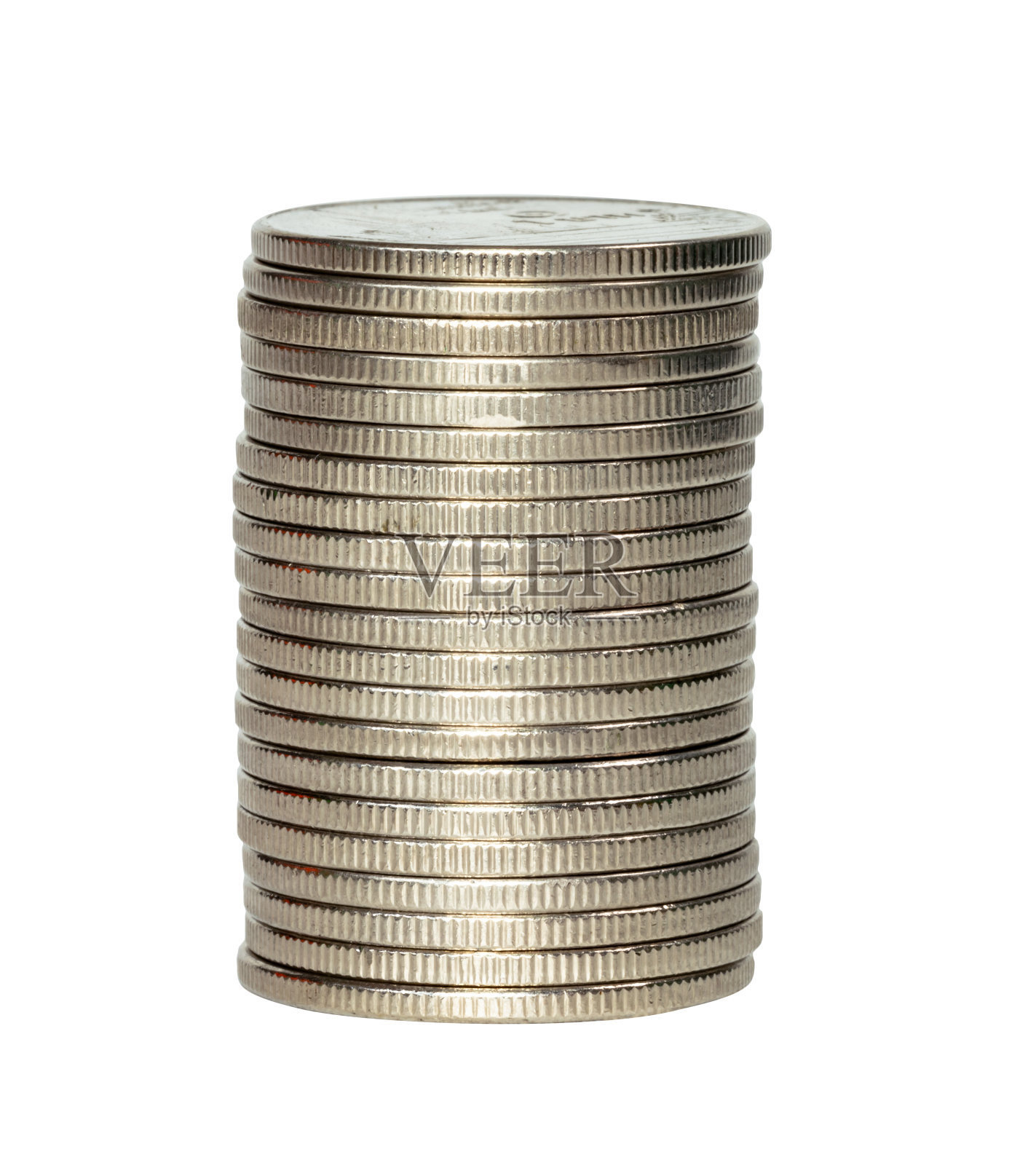 特写银币堆孤立在白色背景照片摄影图片