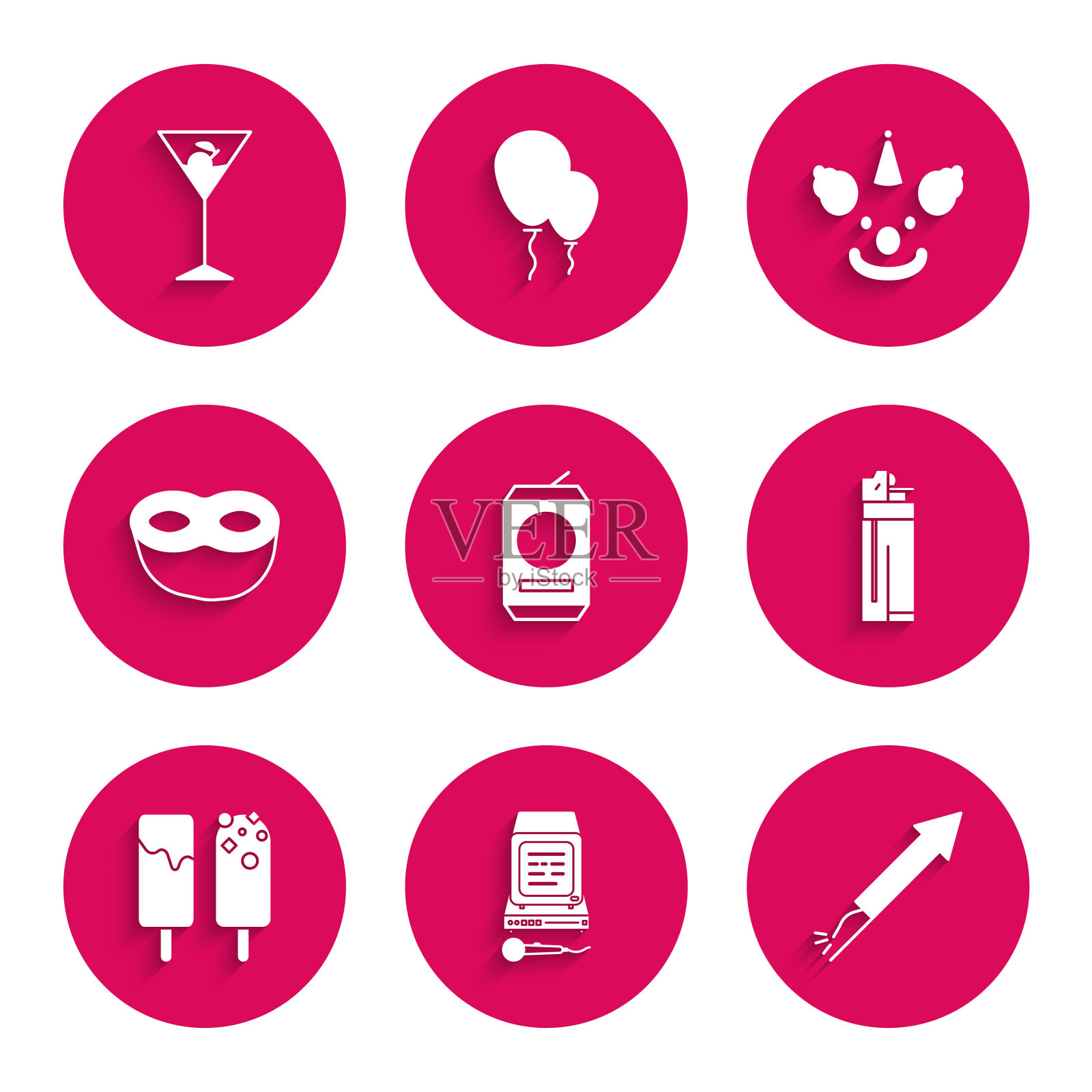 集啤酒罐,卡拉ok,烟花火箭,打火机,冰淇淋,节日面具,小丑头和马提尼玻璃图标。向量图标素材