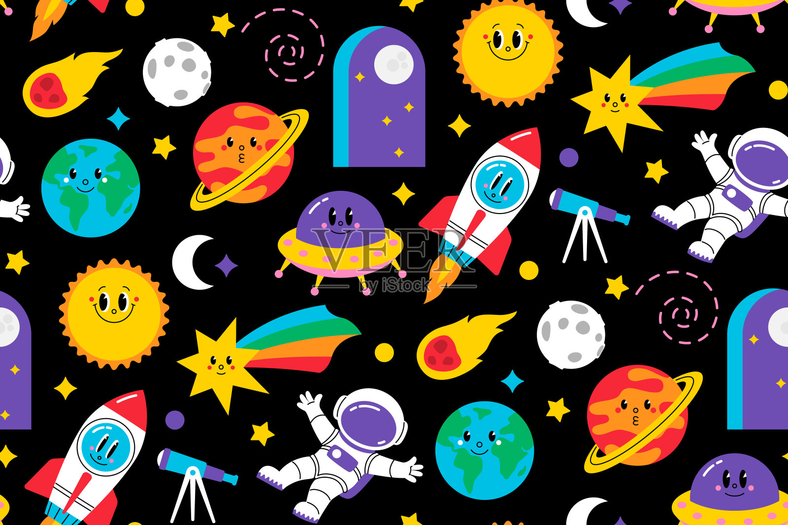 卡通空间无缝图案-火箭,行星,宇航员,彗星插画图片素材