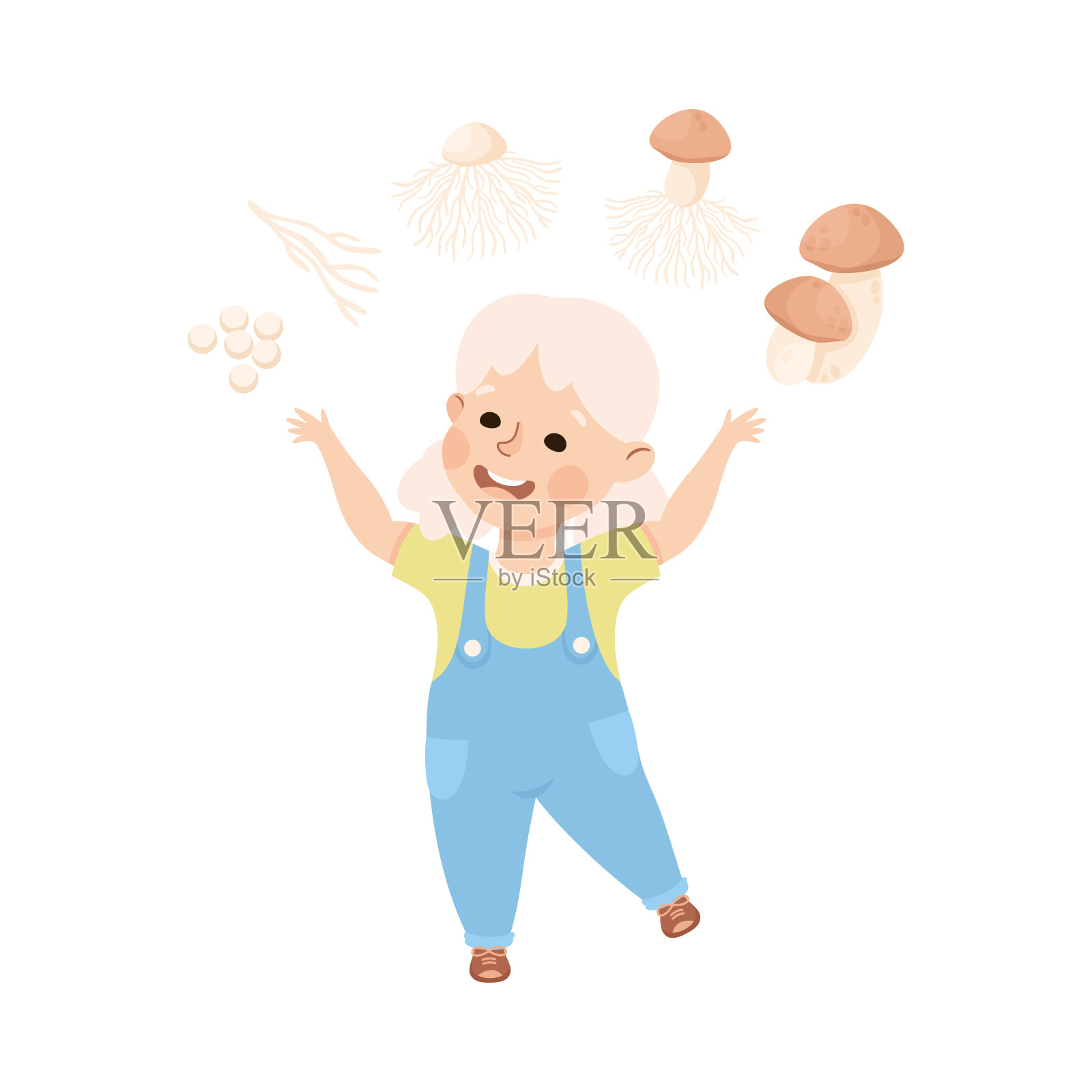 可爱快乐的小女孩学习蘑菇知识。学龄前儿童在生物课上学习的卡通矢量插图插画图片素材