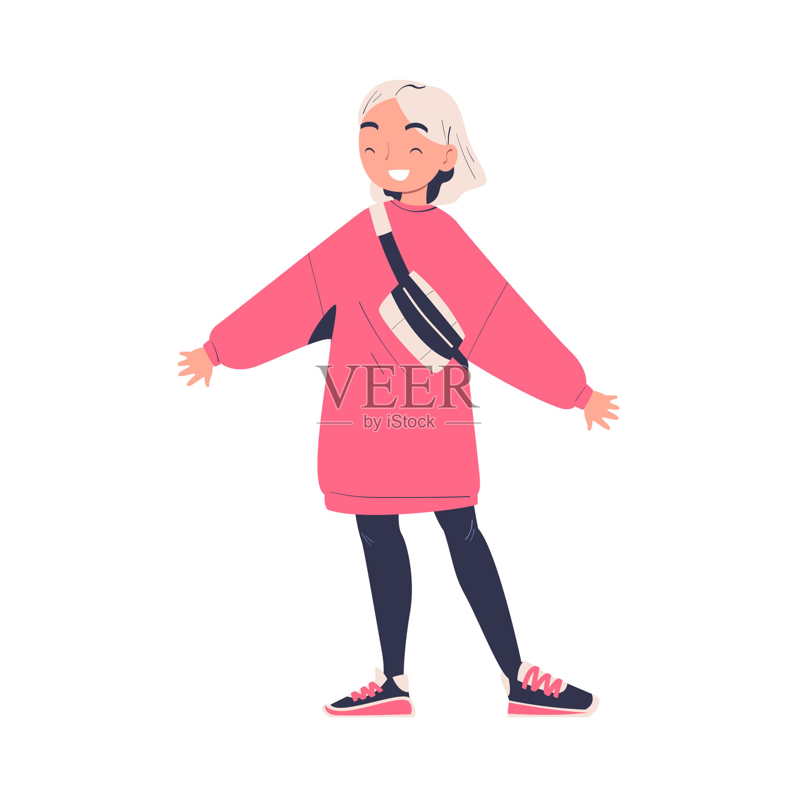 微笑的十几岁的女孩学生在休闲服装卡通矢量插图插画图片素材