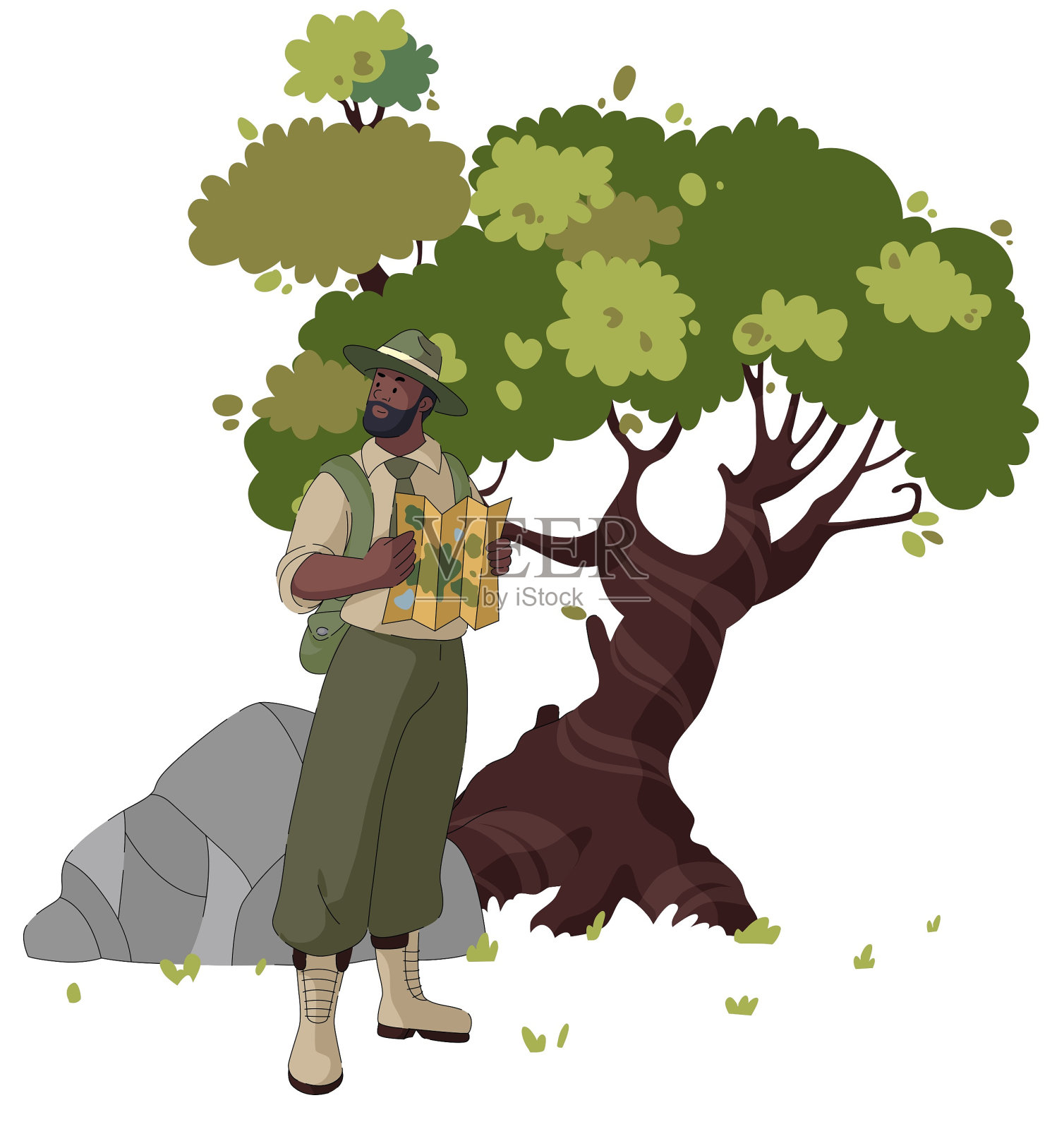 一个护林员在野外拿着地图插画图片素材