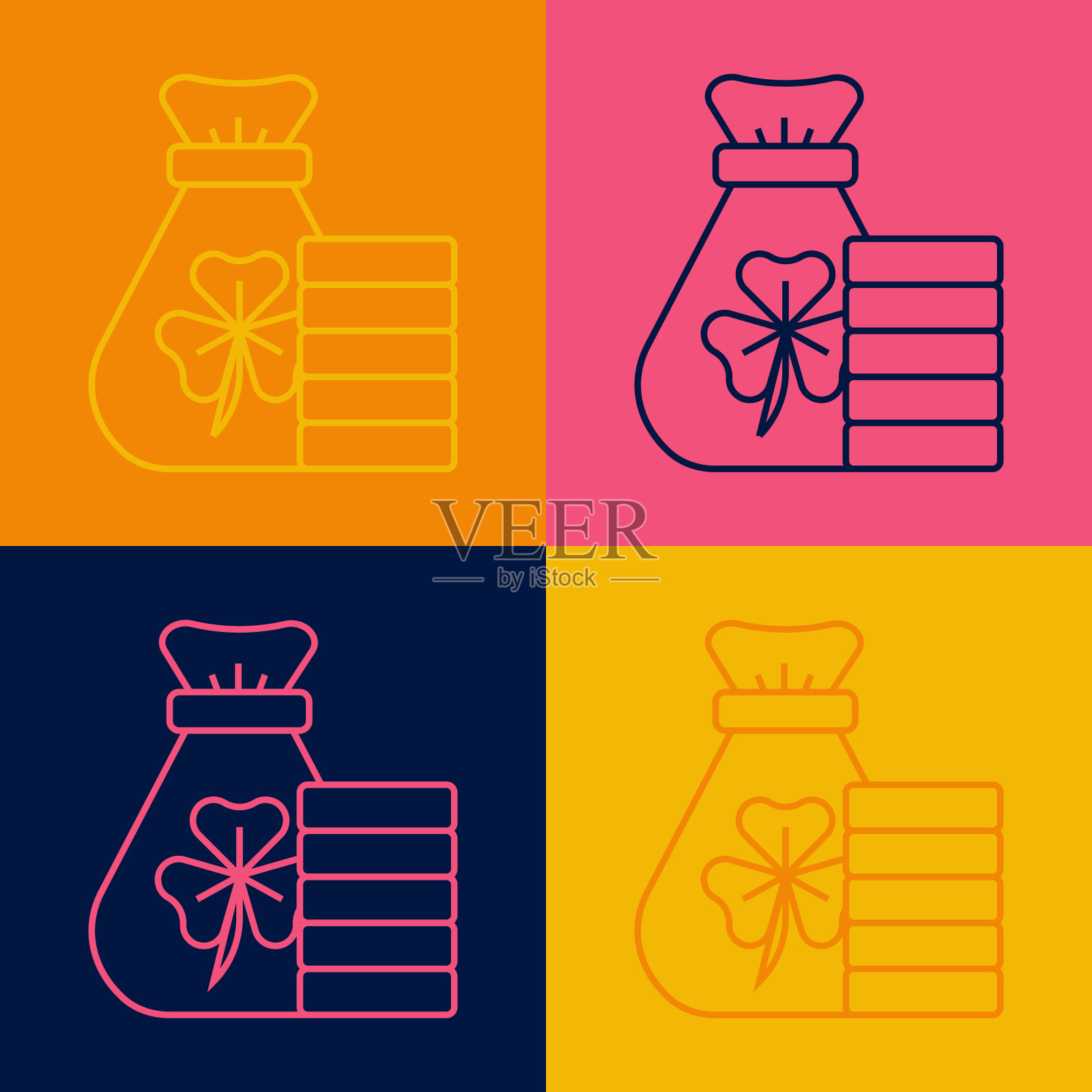 流行艺术线钱袋与三叶草三叶草图标孤立的颜色背景。圣帕特里克节快乐。爱尔兰国家假日。向量图标素材