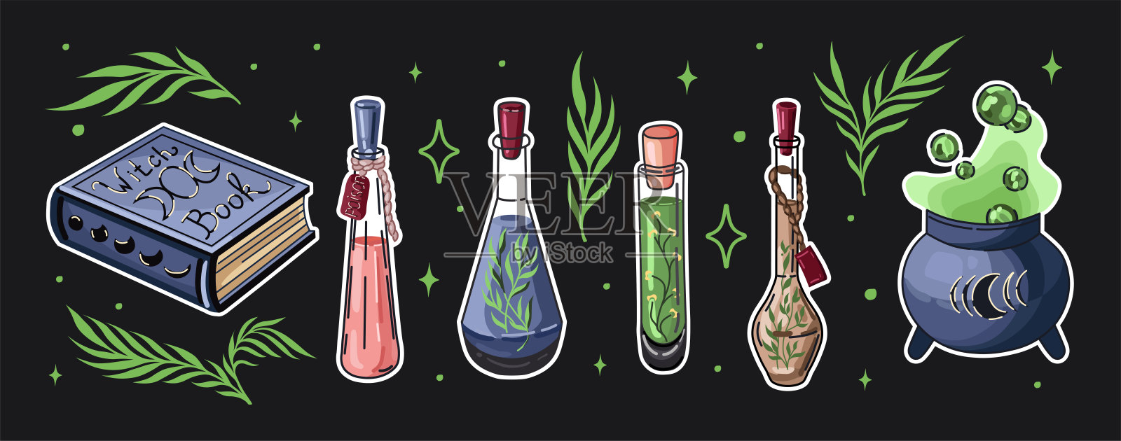 一套装药水和毒药的瓶子,巫师书和坩埚。巫术和魔法插图。插画图片素材