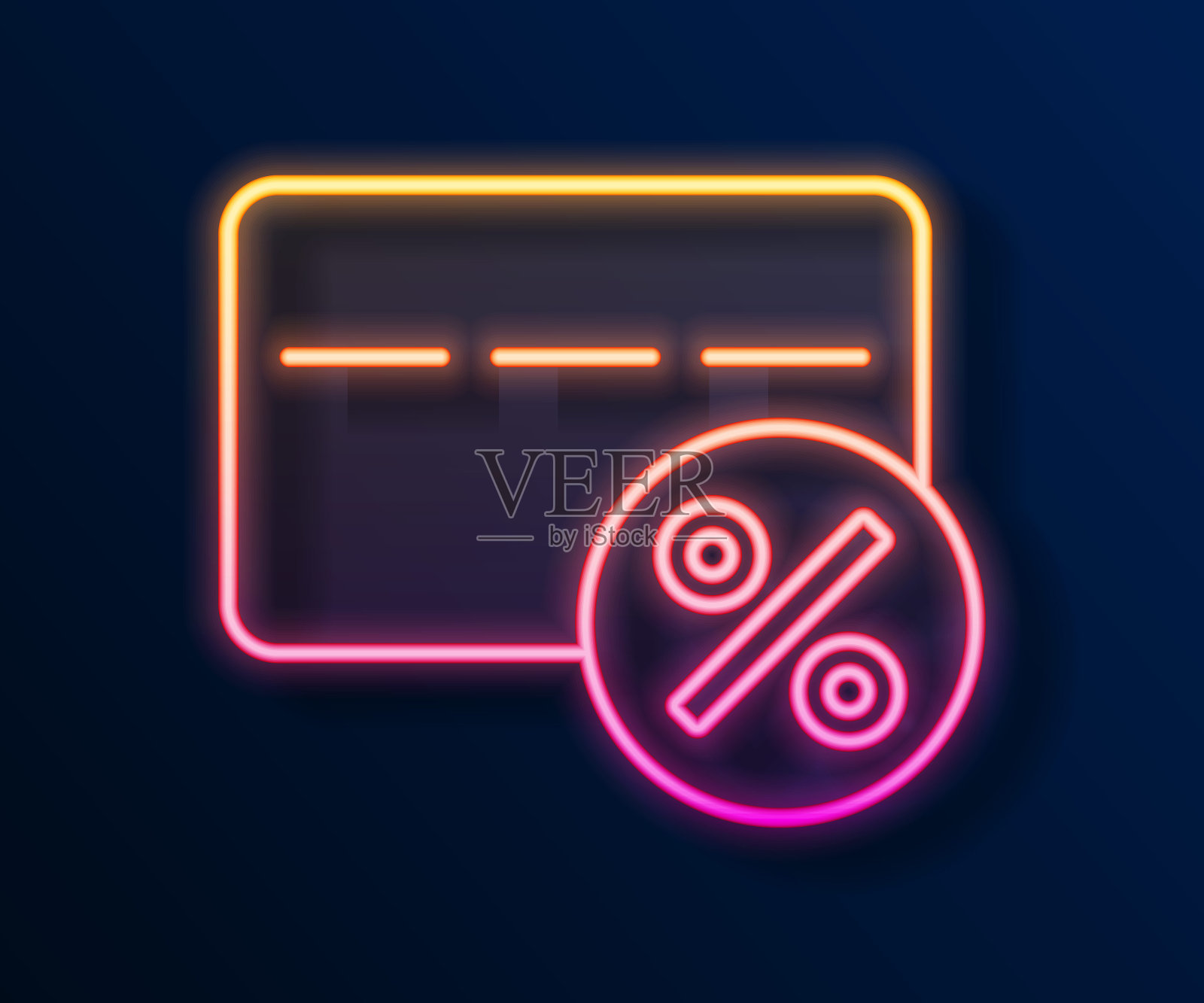 发光的霓虹线折扣卡与百分比图标隔离在黑色背景上。忠诚积分卡。向量插画图片素材