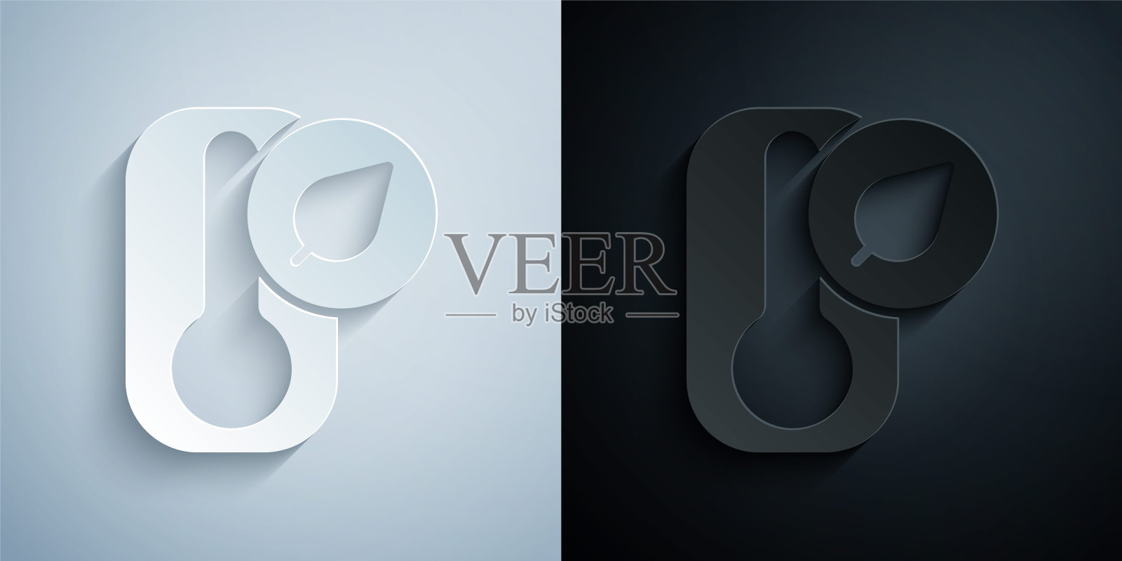 剪纸气象温度计测量热和冷图标隔离在灰色和黑色的背景。温度计设备显示热或冷的天气。纸艺风格。向量图标素材