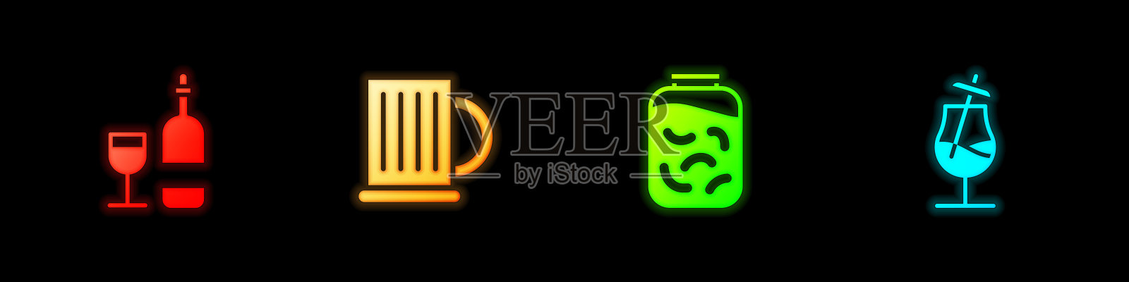 设置酒瓶与玻璃,木制啤酒杯,腌黄瓜罐和鸡尾酒图标。向量图标素材