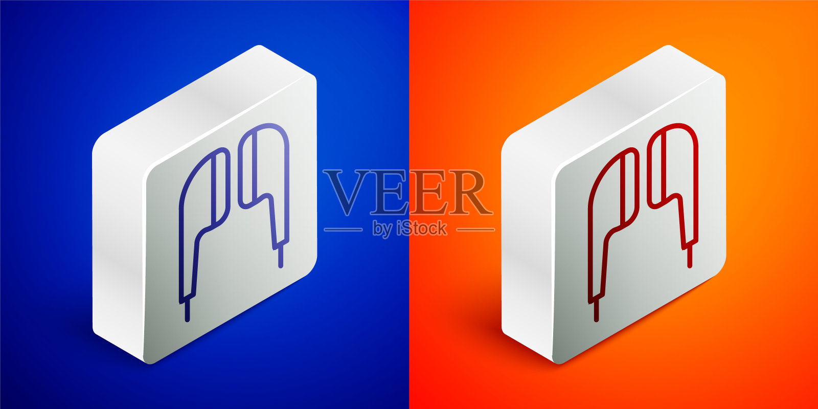 等距线空气耳机图标图标隔离在蓝色和橙色背景。无线支架,以防耳机和电子设备。银色方形按钮。向量图标素材