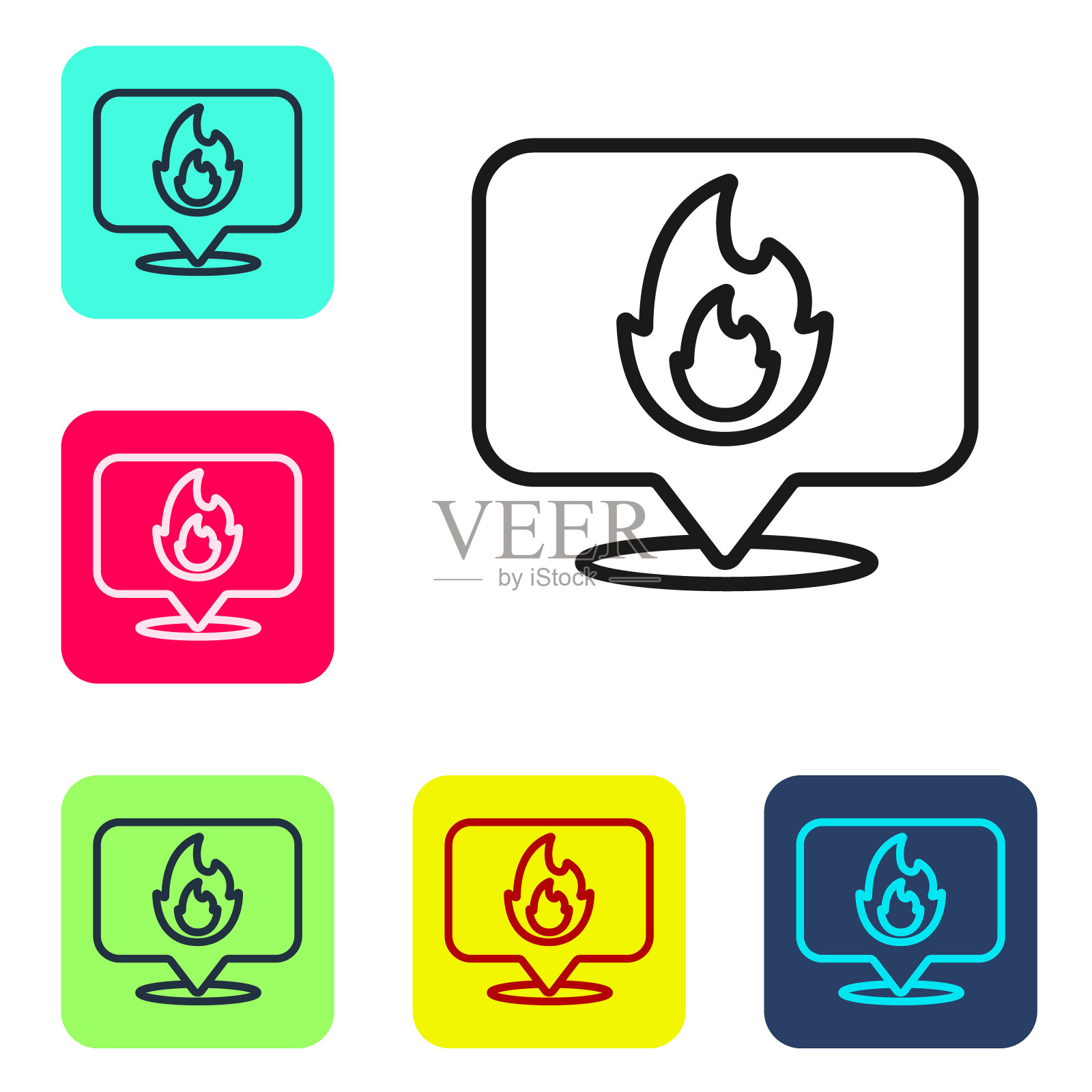 黑线地图指针与火焰图标孤立的白色背景。火附近。设置图标为彩色方形按钮。向量插画图片素材