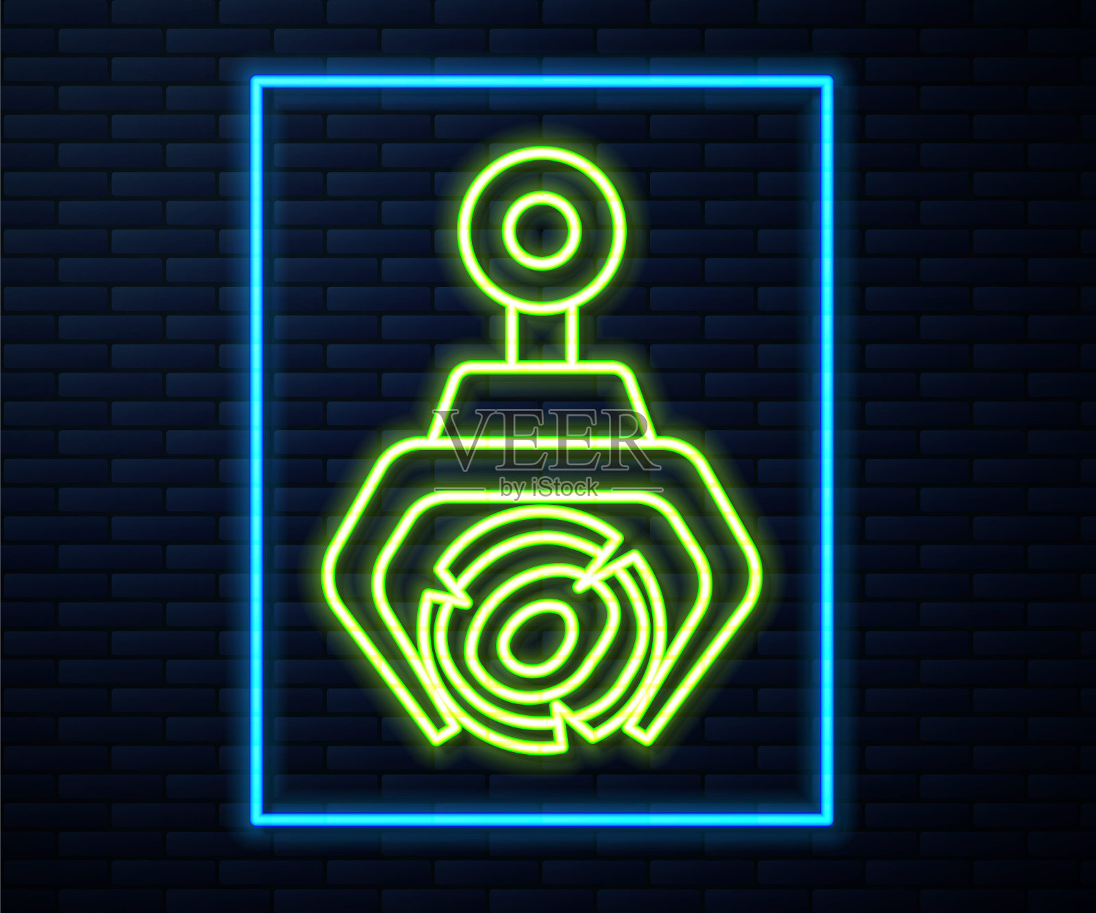 发光的霓虹线抓斗起重机抓住了一个孤立的砖墙背景上的原木图标。森林工业。用于木材主干木材生产的工业起重机。向量插画图片素材