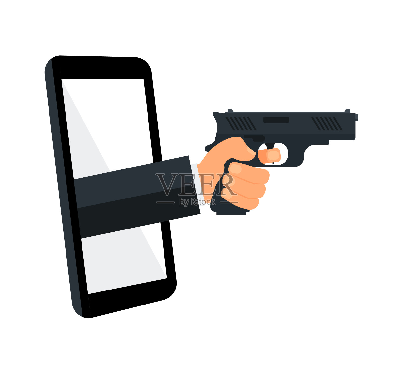 单手拿着汤普森冲锋枪通过手机。黑手党视频游戏,电子竞技,智能手机娱乐应用的概念。插画图片素材